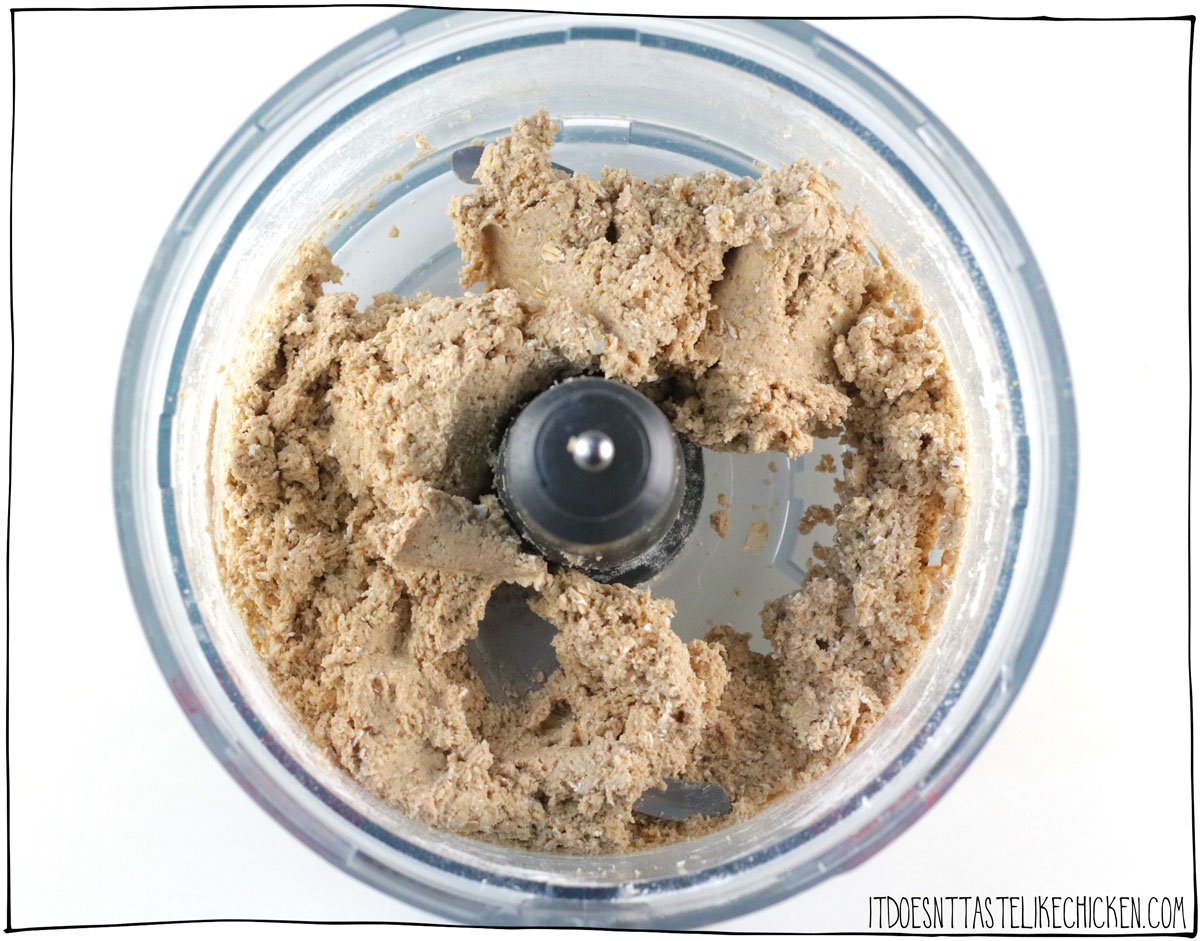 Add the oats to a food processor and grind until they reach a fine powder. (If you do not have a food processor, see the recipe notes for other options). Add the applesauce, coconut oil, and cinnamon and blend again. Lastly, add in the wheat flour to form a dough. 