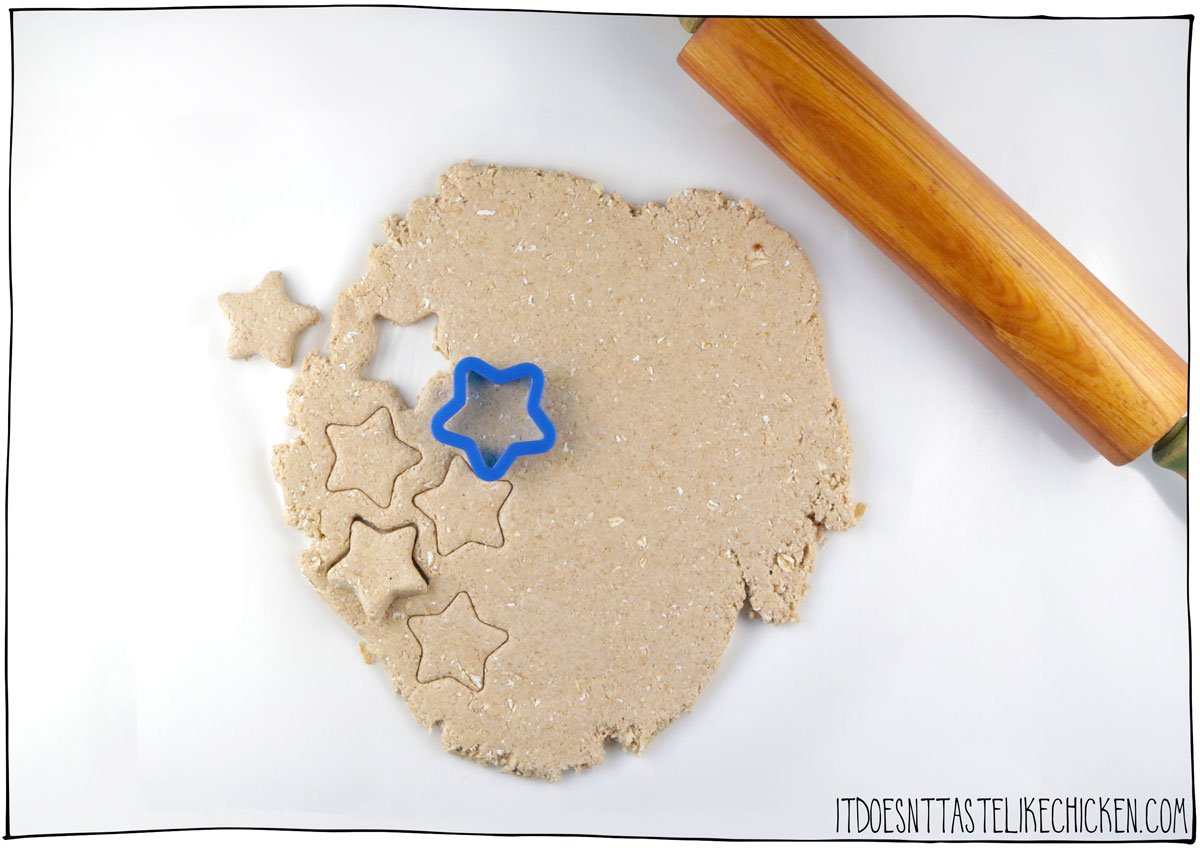 Remove from the food processor and roll out on a lightly floured surface until about ¼" thick. I used a star-shaped cookie cutter to cut out the treats but you could use any cookie cutter shape, or just cut them into squares with a knife or pizza cutter.