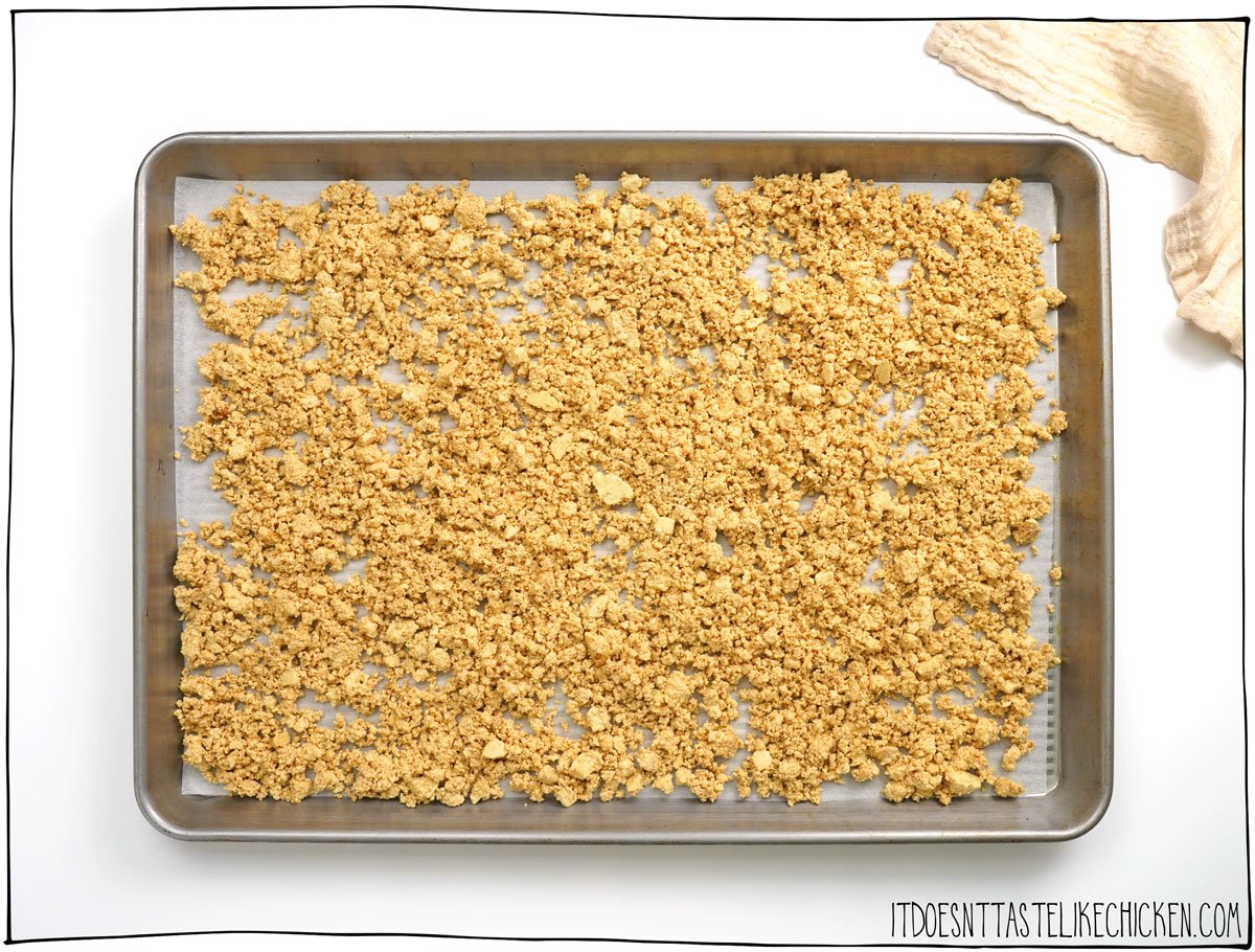 Spread the tofu crumbles across a pan and bake.