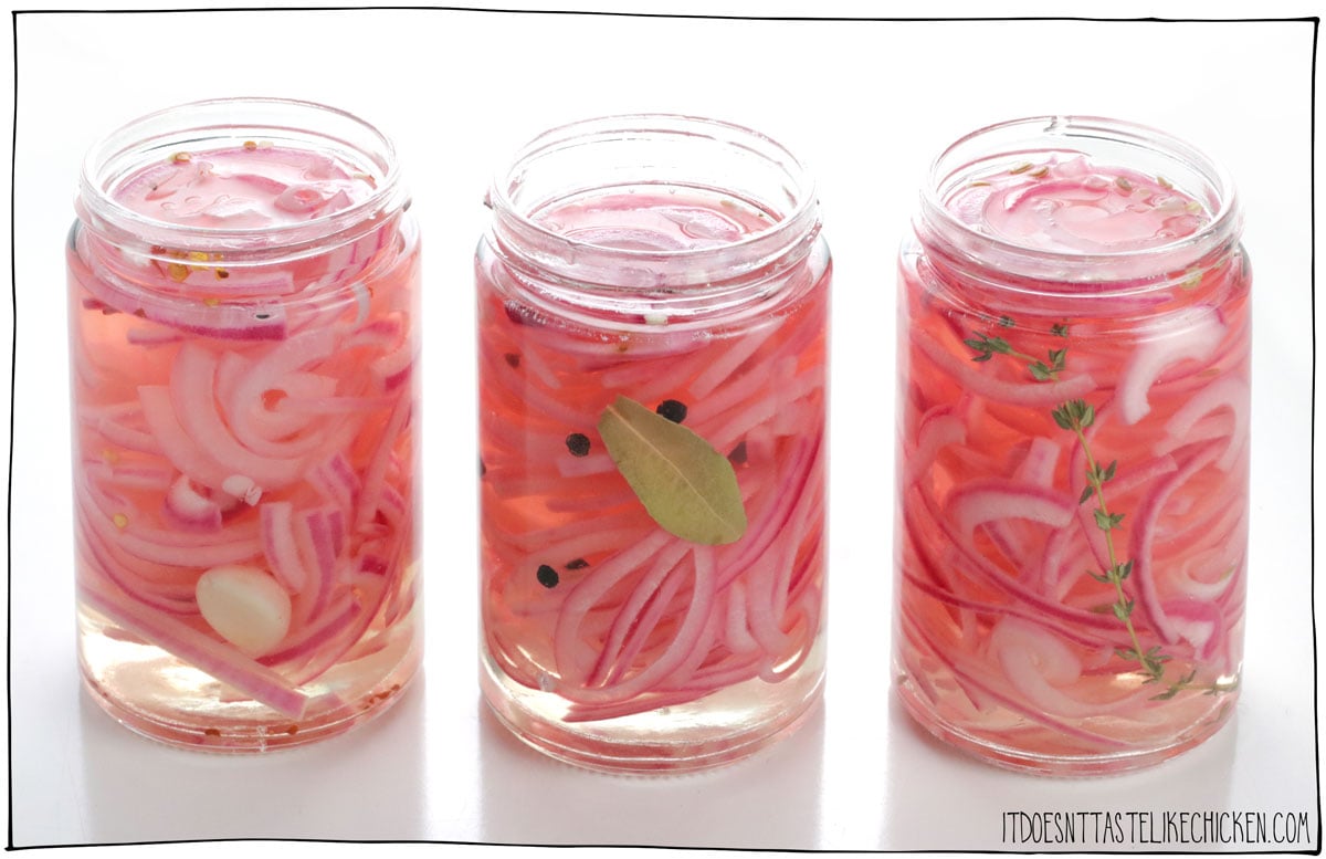 Pickled onions are super quick and easy to make with just 4 ingredients. They are such a beautiful color, they are tangy, sweet, and crunchy. This tasty condiment will elevate any dish. Use them on sandwiches, avocado toast, salads, soups, nachos, burgers, tacos, grain bowls, or just eat them straight from the jar. Yum! #itdoesnttastelikechicken #zerowaste #pickle