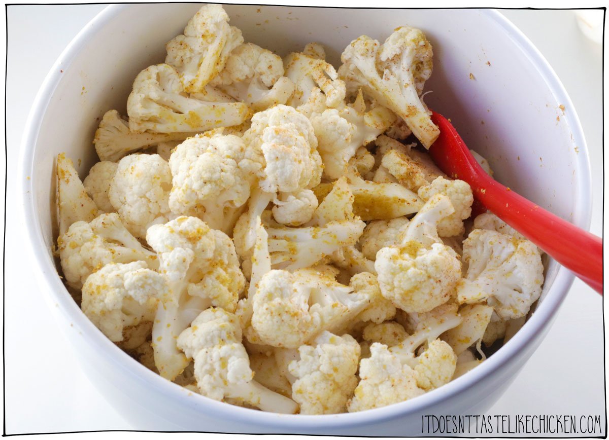 Toss the cauliflower in the seasoning