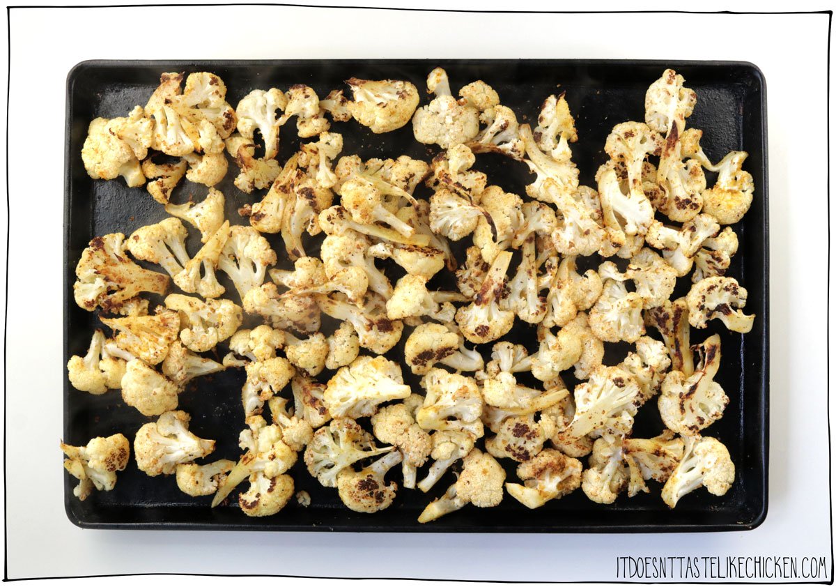Once the cauliflower is roasted you can start assembling your nachos