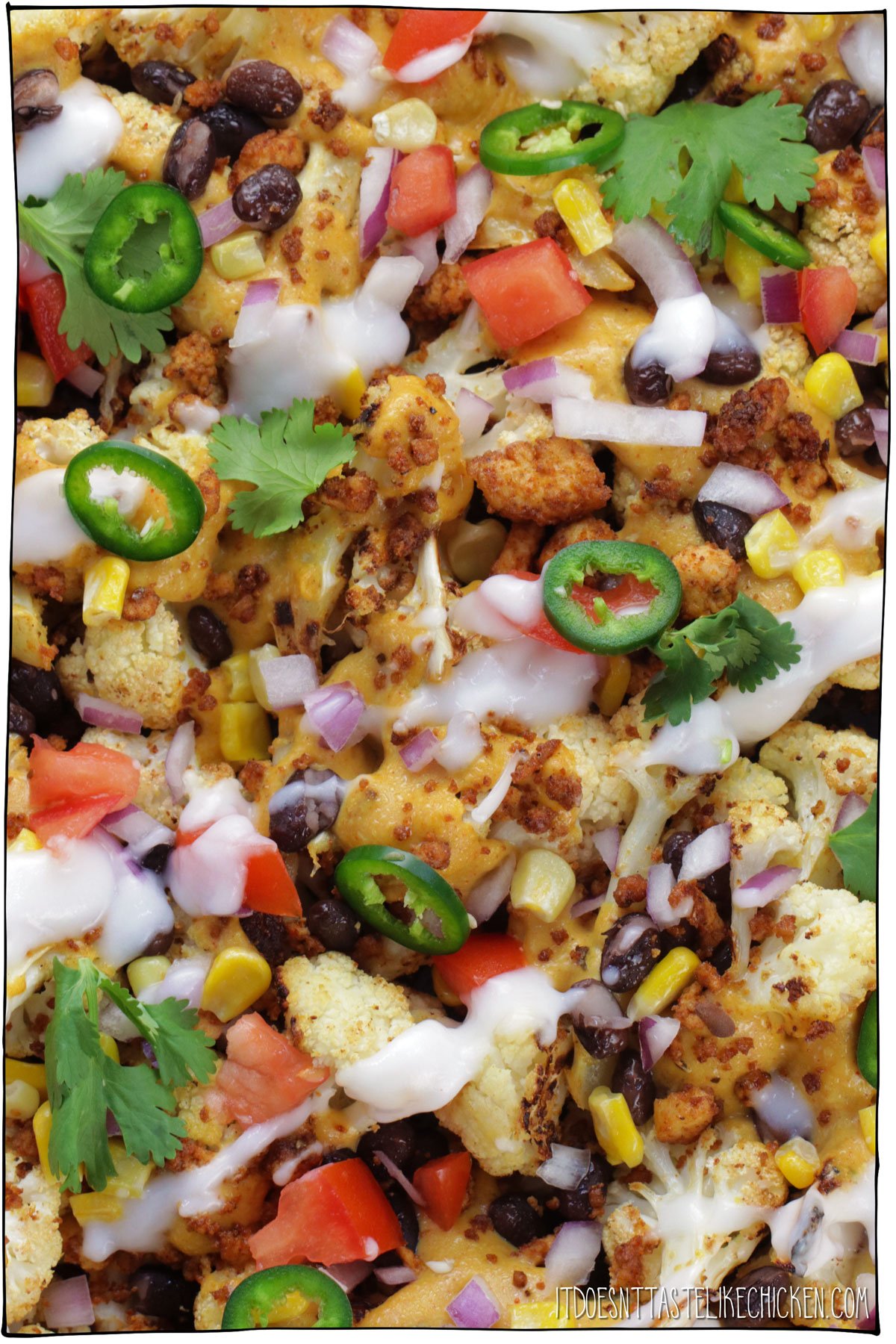 Loaded nachos that are actually healthy!? You heard me right. These cheesy vegan cauliflower nachos are the secretly healthy comfort food of my dreams! Tortilla chips are substituted with roasted cauliflower florets that are then drizzled with a stretchy melty homemade vegan nacho cheese sauce, and loaded with a ton of toppings. YUM!