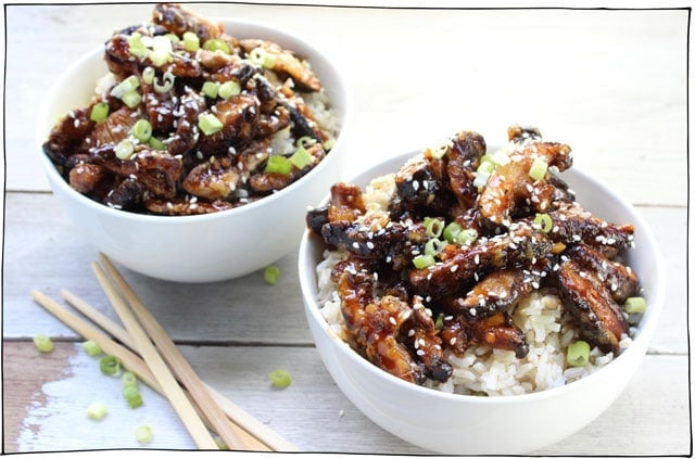 Crispy & Chewy Sesame Shiitake! Slightly crispy on the outside, super chewy and juicy on the inside, coated in a sticky sweet and spicy sauce. A vegan version of sesame beef. #itdoesnttastelikechicken
