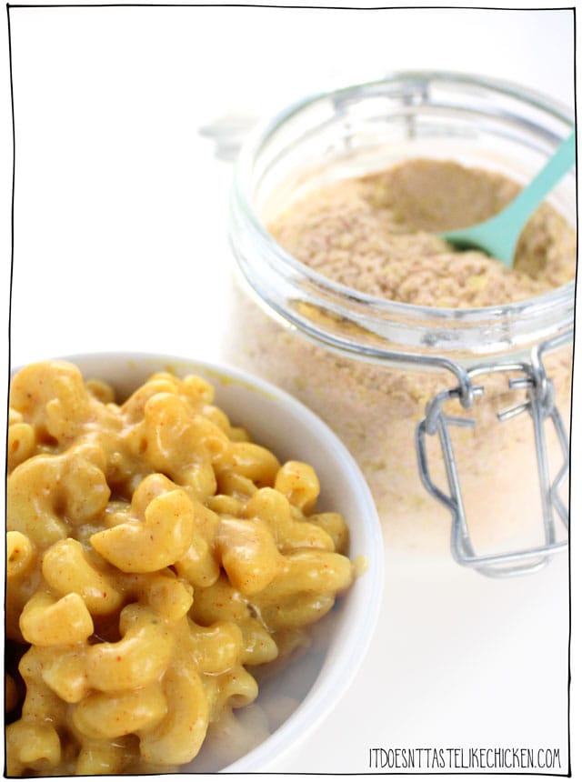Homemade Vegan Mac & Cheese Powder! Add the ingredients to a jar and shake for shelf stable DIY boxed mac and cheese. This instant powder makes a creamy, cheesy, and super yummy vegan mac and cheese. Dairy-free, gluten-free, nut free, soy free, and whole food plant-based! #itdoesnttastelikechicken #veganrecipes #dairyfree #macandcheese