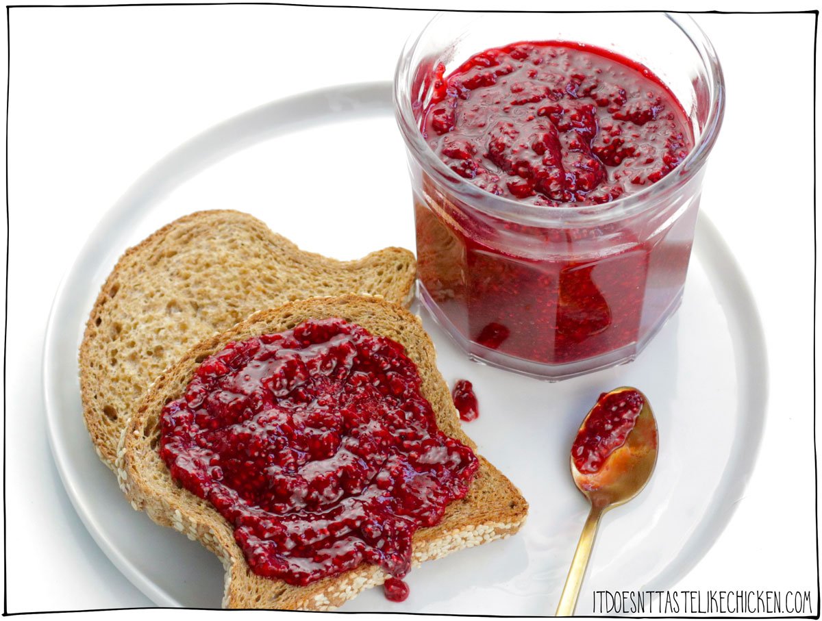 This Easy Chia Jam recipe takes just 10 minutes to make, uses only 5 ingredients, and is super healthy! Store-bought jam is loaded with sugar, but my homemade chia seed jam is thickened with chia seeds (instead of sugar), and is sweetened with just a touch of maple syrup or agave (which is totally optional)! Choose your favorite fruit and make a batch of homemade jam - you will never buy the store-bought stuff again!