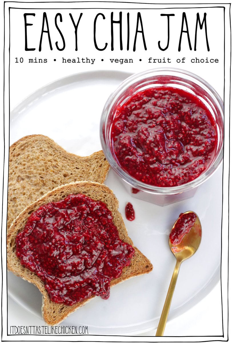 This Easy Chia Jam recipe takes just 10 minutes to make, uses only 5 ingredients, and is super healthy! Store-bought jam is loaded with sugar, but my homemade chia seed jam is thickened with chia seeds (instead of sugar), and is sweetened with just a touch of maple syrup or agave (which is totally optional)! Choose your favorite fruit and make a batch of homemade jam - you will never buy the store-bought stuff again!