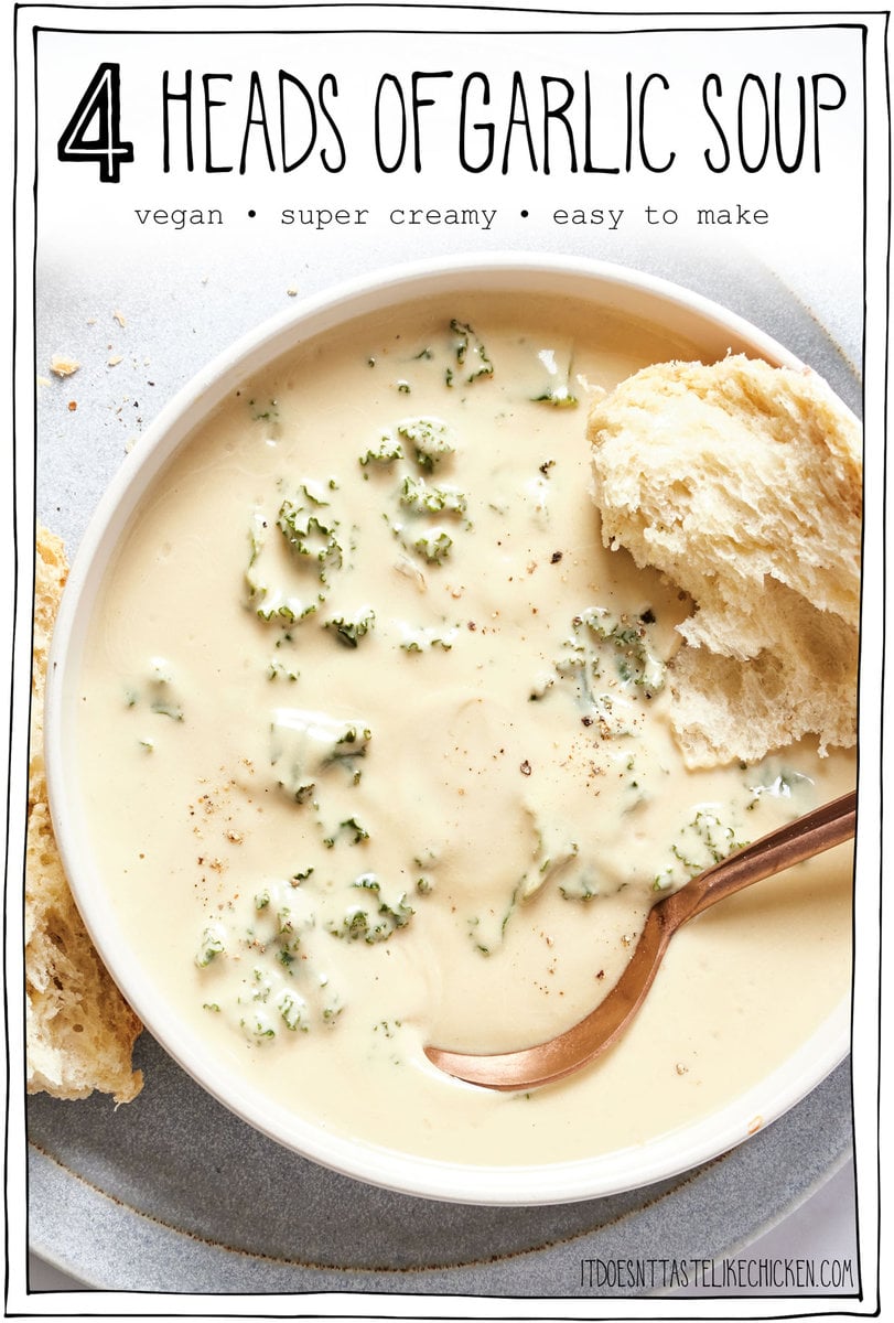 This Vegan Four Heads of Garlic Soup is super creamy, garlicky, comforting, easy to make, and downright decadent! Perfect for a chilly night when you need a big, warm hug in a bowl.