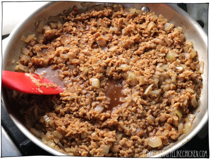 Add the TVP, vegetable broth, and spices to the pan.