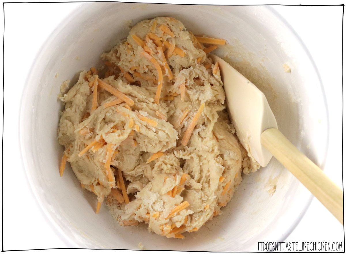 Form the dough and mix in the vegan cheddar cheese shreds.