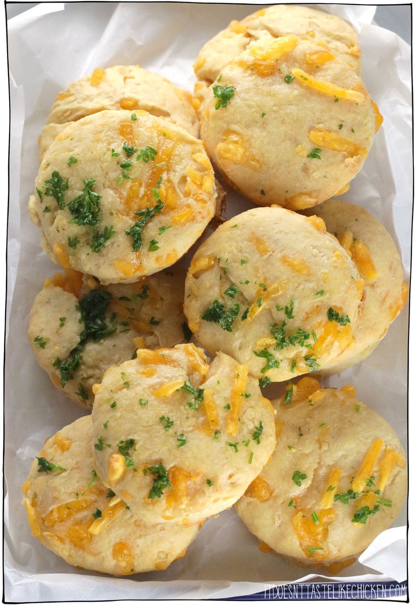 These Easy Vegan Cheddar Biscuits taste just like the Cheddar Bay Biscuits from Red Lobster, but they are entirely plant-based and easy to make at home in just 30 minutes! Buttery, flaky, and garlicky, with a generous amount of vegan cheddar cheese mixed into the dough, making them incredibly flavorful and addictive.