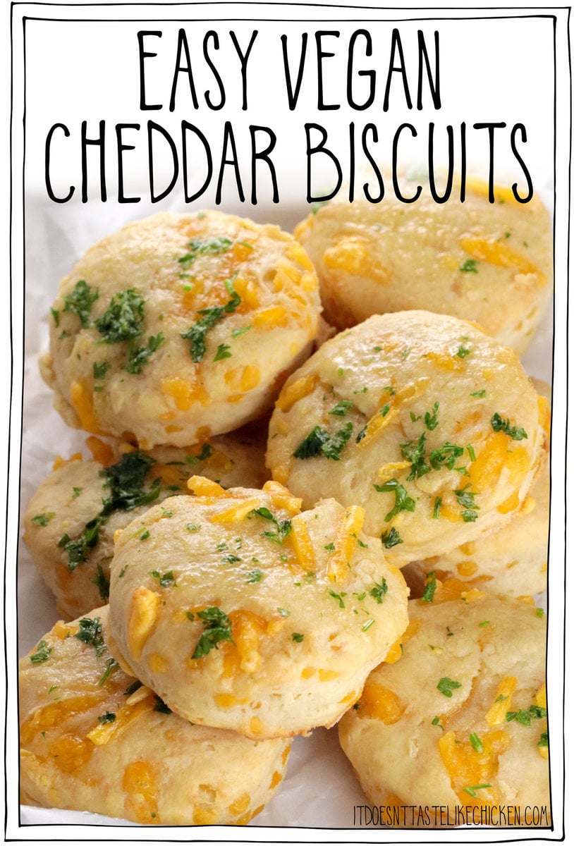 These Easy Vegan Cheddar Biscuits taste just like the Cheddar Bay Biscuits from Red Lobster, but they are entirely plant-based and easy to make at home in just 30 minutes! Buttery, flaky, and garlicky, with a generous amount of vegan cheddar cheese mixed into the dough, making them incredibly flavorful and addictive.