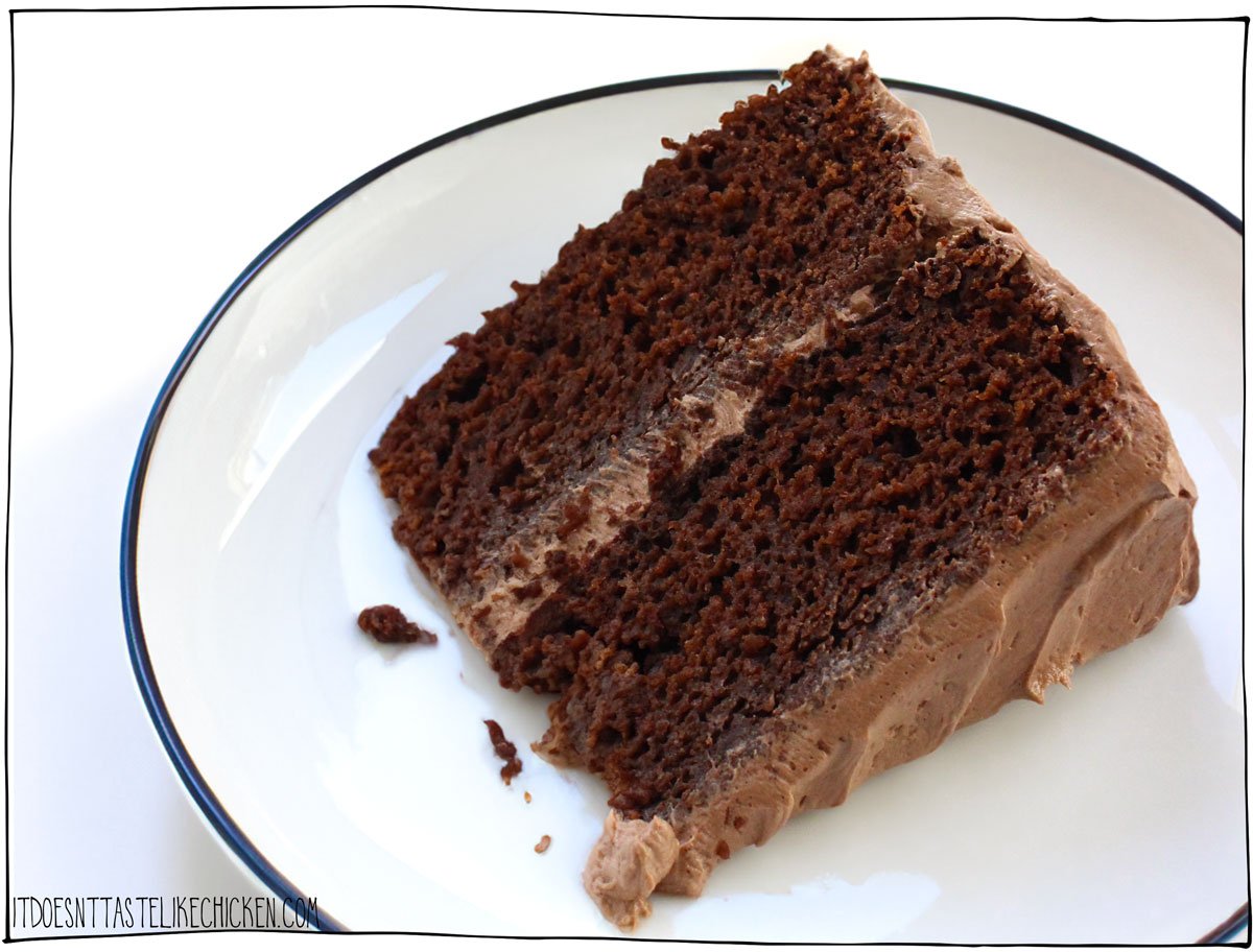 Fudgy, rich, moist, and decadent- this vegan chocolate cake is truly the best cake ever! No one will know it's vegan. This fan-favorite chocolate cake is made with ingredients that are easy to find at your local grocery store, just mix, pour, and bake! The perfect simple chocolate cake recipe to celebrate birthdays and holidays. 