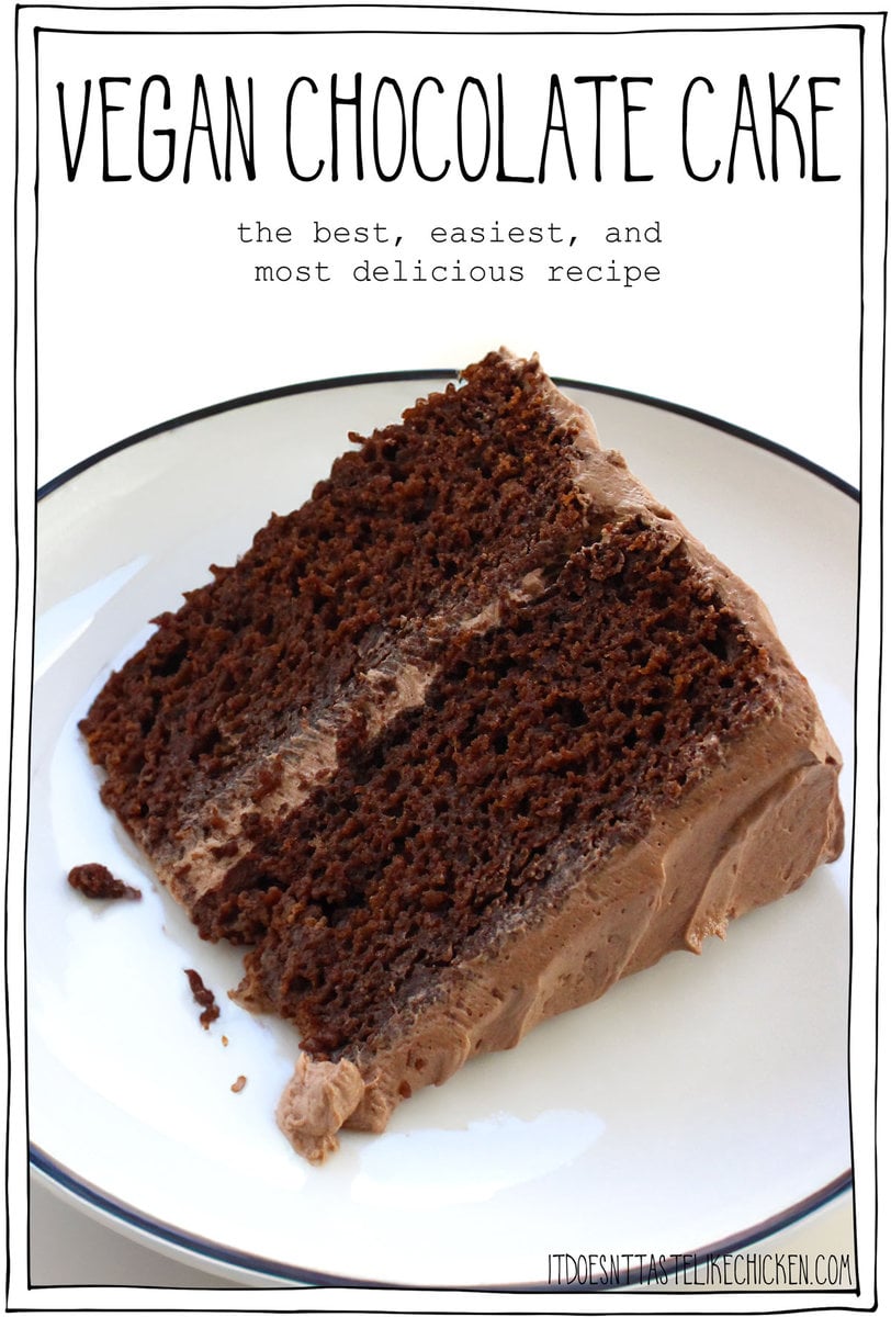 Fudgy, rich, moist, and decadent- this vegan chocolate cake is truly the best cake ever! No one will know it's vegan. This fan-favorite chocolate cake is made with ingredients that are easy to find at your local grocery store, just mix, pour, and bake! The perfect simple chocolate cake recipe to celebrate birthdays and holidays. 