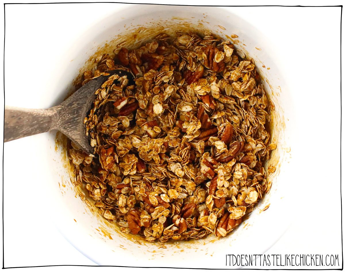 Add the oats and nuts and toss well to combine.