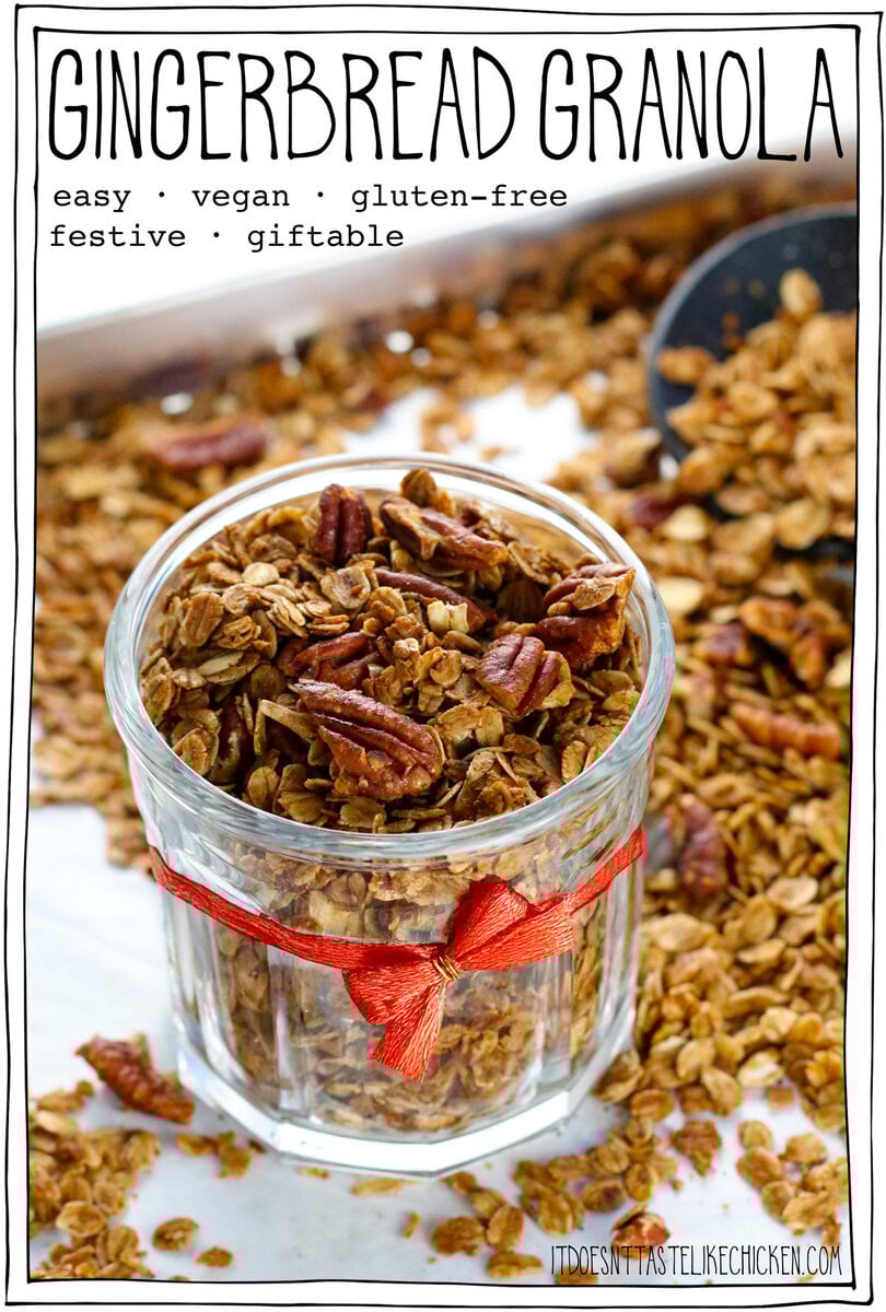 This Easy Gingerbread Granola is the ultimate holiday breakfast or snack! It's quick and easy to make with simple ingredients and warming spices, it tastes just like gingerbread cookies. Perfect for cozy Christmas mornings or gifting in a cute jar to spread holiday cheer!