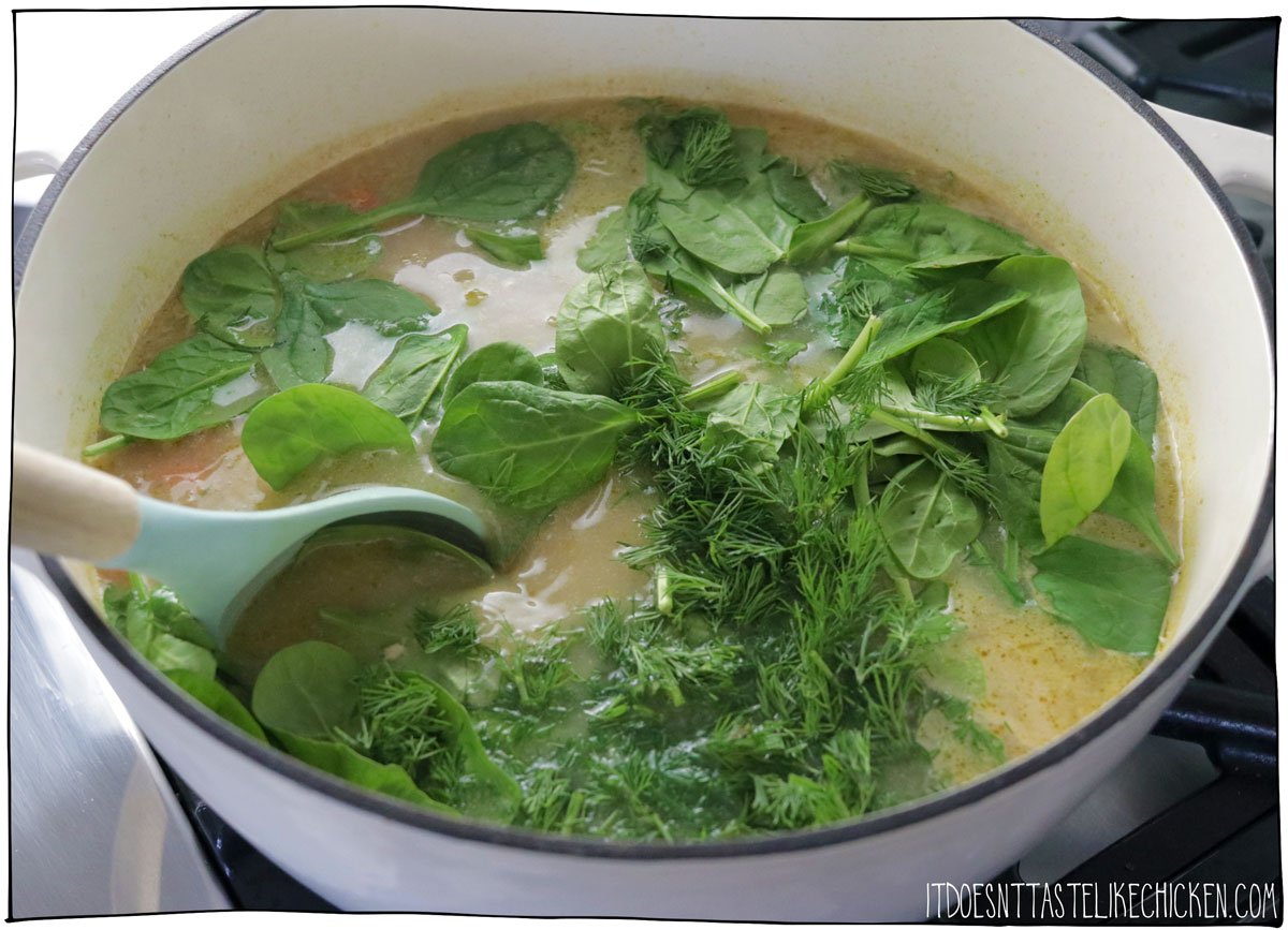 Add together, stir in the lemon tahini mixture, and the chickpeas, and bring back to a simmer.