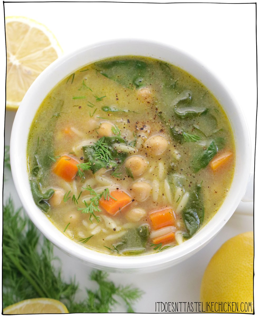 You're going to love this tangy, tart, velvety, vibrant Greek-inspired Easy Vegan 🍋Lemon Soup🍋! This hearty and healthy, one-pot meal is based on a traditional Greek Avgolemono soup and only takes 30 minutes to make using simple ingredients like orzo, chickpeas, lemon and dill!