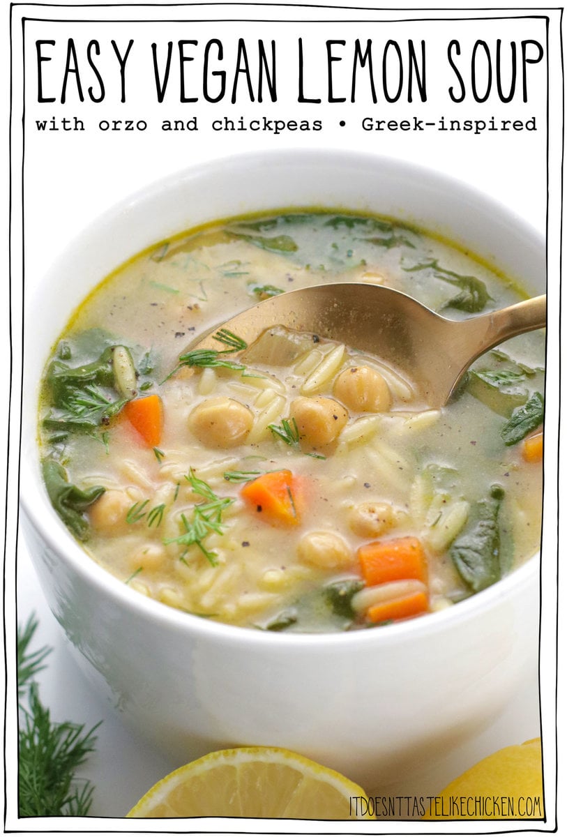 You're going to love this tangy, tart, velvety, vibrant Greek-inspired Easy Vegan 🍋Lemon Soup🍋! This hearty and healthy, one-pot meal is based on a traditional Greek Avgolemono soup and only takes 30 minutes to make using simple ingredients like orzo, chickpeas, lemon and dill!
