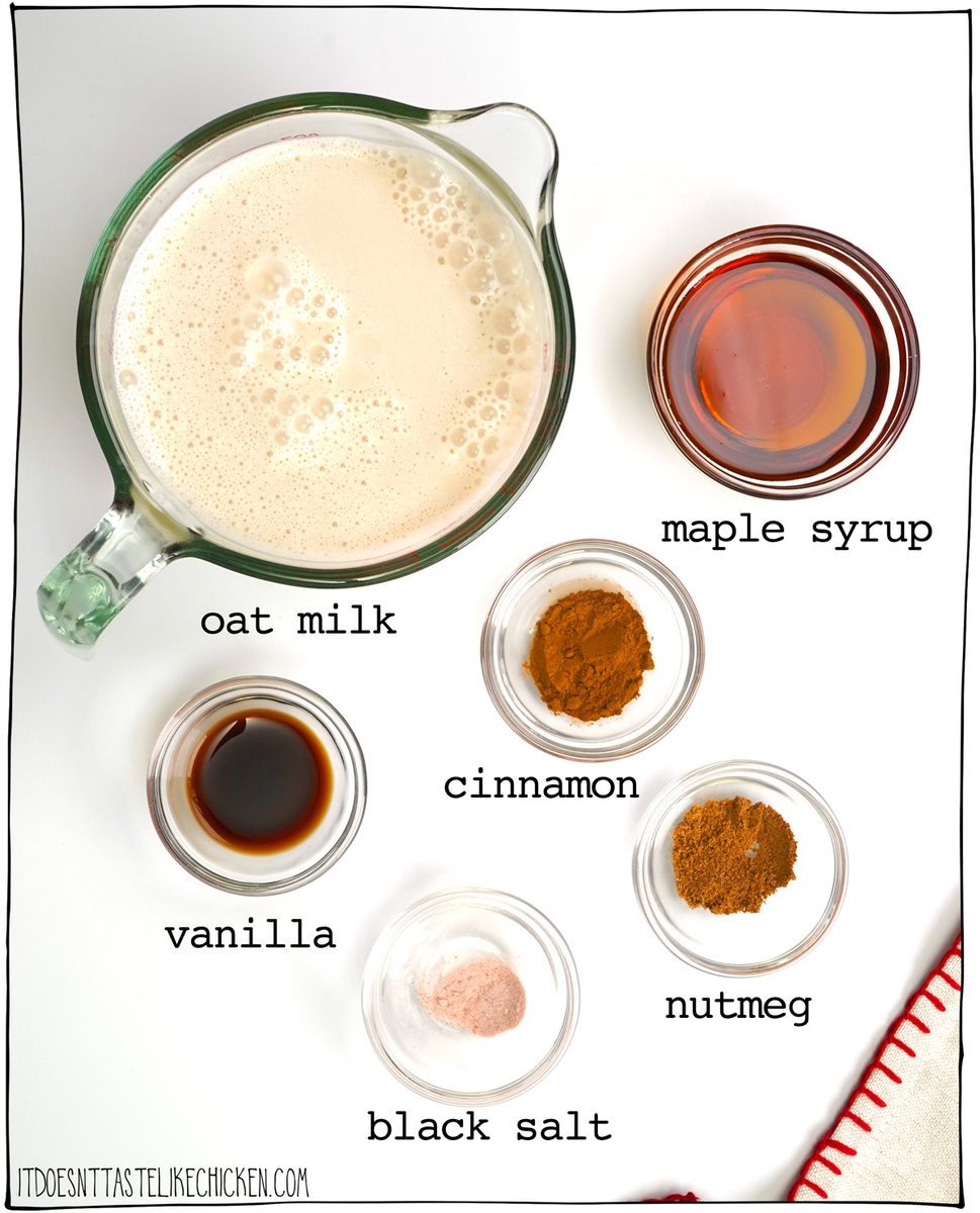 This recipe for Easy Vegan Oat Nog uses just 5 ingredients and takes only 5 minutes to make. Add the ingredients to a jar, blender, or cocktail shaker then shake or blend. Pour over ice and enjoy it plain or with some spiced rum or bourbon. It’s a delicious dairy-free holiday cocktail, perfect for Christmas time, but it’s also amazing in coffee or even stirred into your morning oatmeal. Yum!