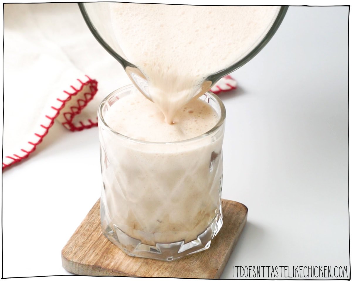 This recipe for Easy Vegan Oat Nog uses just 5 ingredients and takes only 5 minutes to make. Add the ingredients to a jar, blender, or cocktail shaker then shake or blend. Pour over ice and enjoy it plain or with some spiced rum or bourbon. It’s a delicious dairy-free holiday cocktail, perfect for Christmas time, but it’s also amazing in coffee or even stirred into your morning oatmeal. Yum!