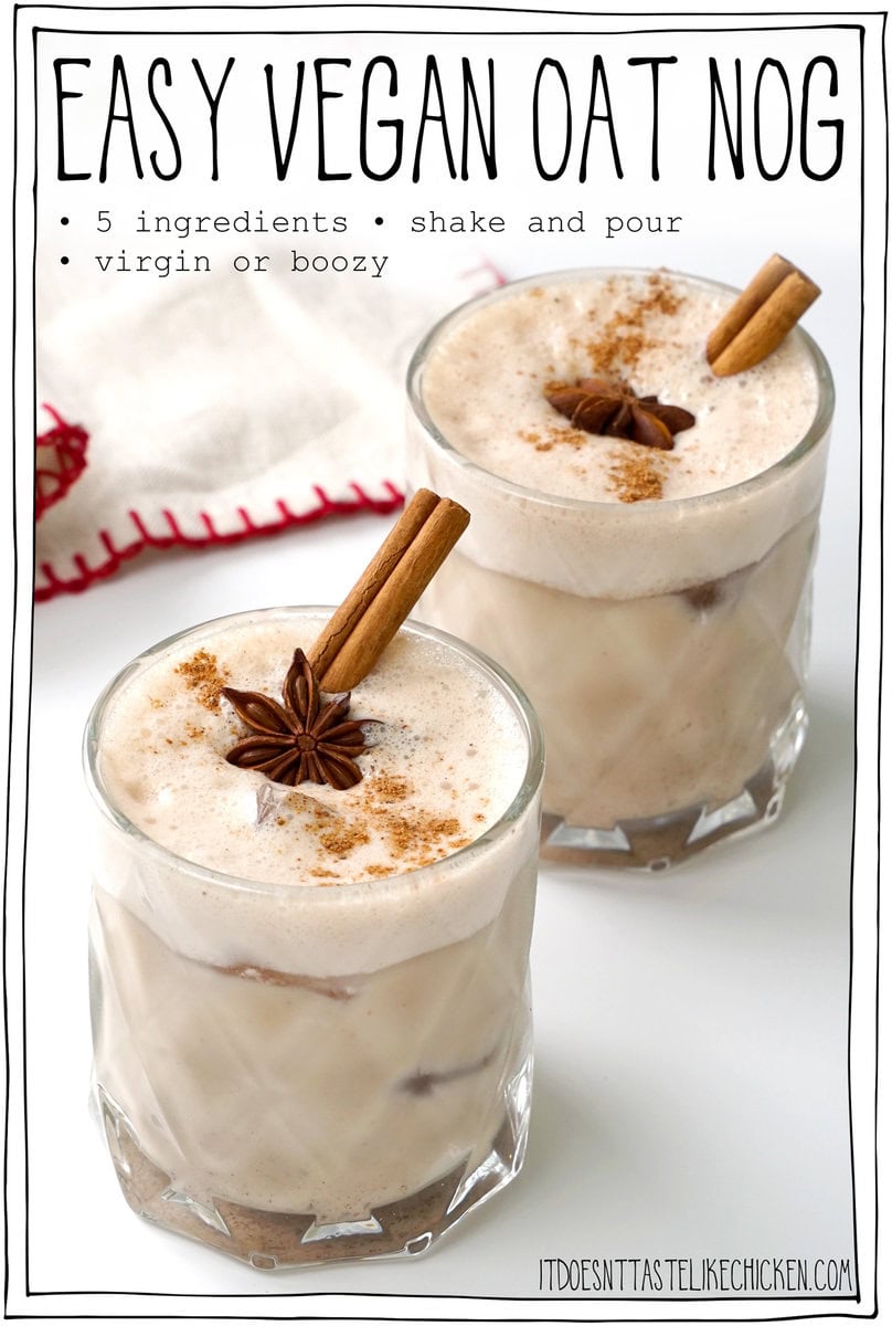 This recipe for Easy Vegan Oat Nog uses just 5 ingredients and takes only 5 minutes to make. Add the ingredients to a jar, blender, or cocktail shaker then shake or blend. Pour over ice and enjoy it plain or with some spiced rum or bourbon. It’s a delicious dairy-free holiday cocktail, perfect for Christmas time, but it’s also amazing in coffee or even stirred into your morning oatmeal. Yum!
