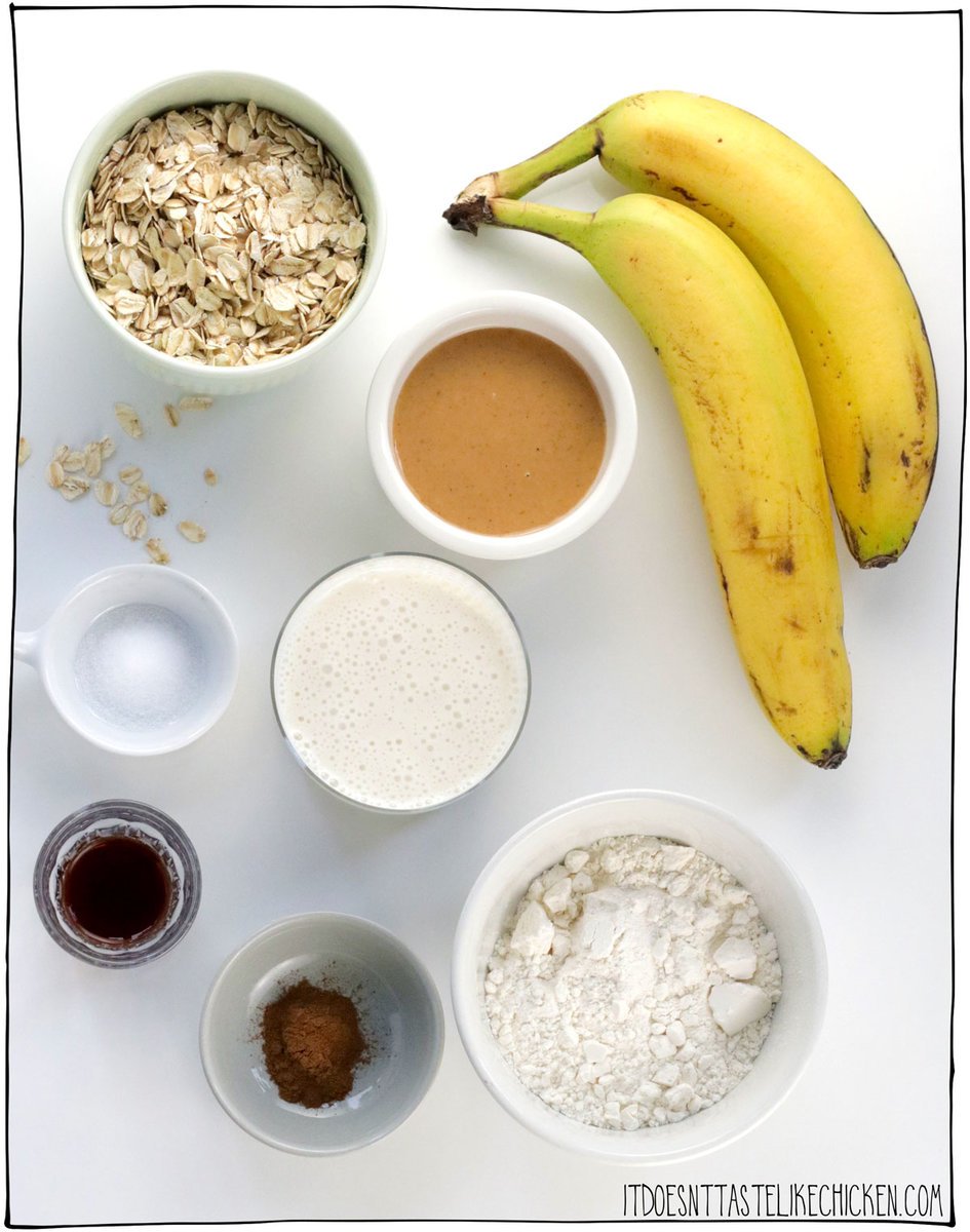 these vegan pancakes are made of banana, oats, peanut butter, plant-based milk, flour, cinnamon, vanilla, salt, and baking powder.