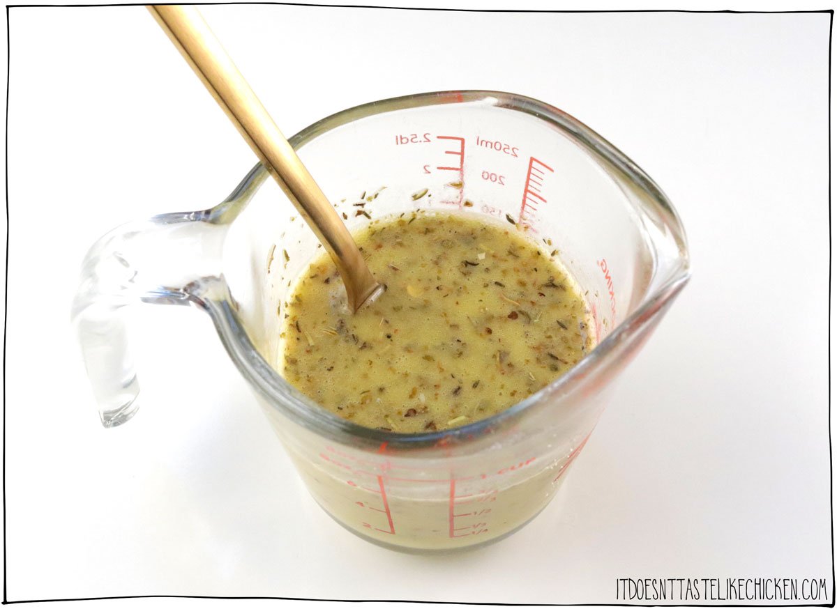 In a small bowl or measuring glass, combine all the dressing ingredients: olive oil, lemon juice, Dijon mustard, maple syrup or agave, minced garlic, Italian seasoning, salt, black pepper, and crushed red pepper flakes (if using). Whisk well to mix.