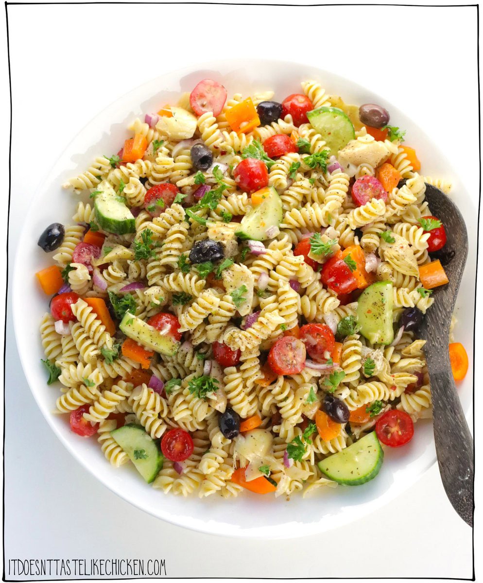 This Easy Vegan Pasta Salad recipe takes just 30 minutes to make, is loaded with fresh vegetables, olives, and artichokes, and is tossed with the best Italian-inspired, 5-minute homemade pasta salad dressing! Perfect for BBQs, picnics, or potlucks, this will be your new go-to recipe this summer!!