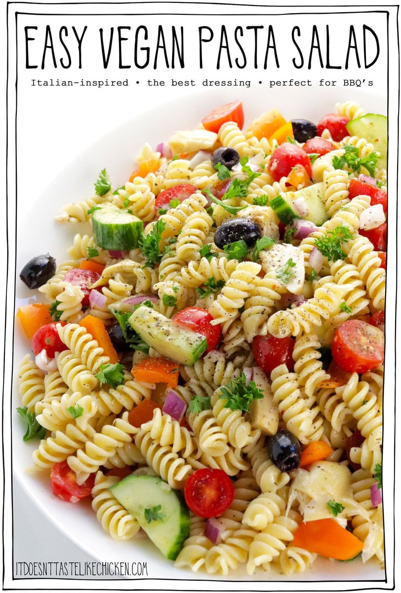 This Easy Vegan Pasta Salad recipe takes just 30 minutes to make, is loaded with fresh vegetables, olives, and artichokes, and is tossed with the best Italian-inspired, 5-minute homemade pasta salad dressing! Perfect for BBQs, picnics, or potlucks, this will be your new go-to recipe this summer!!