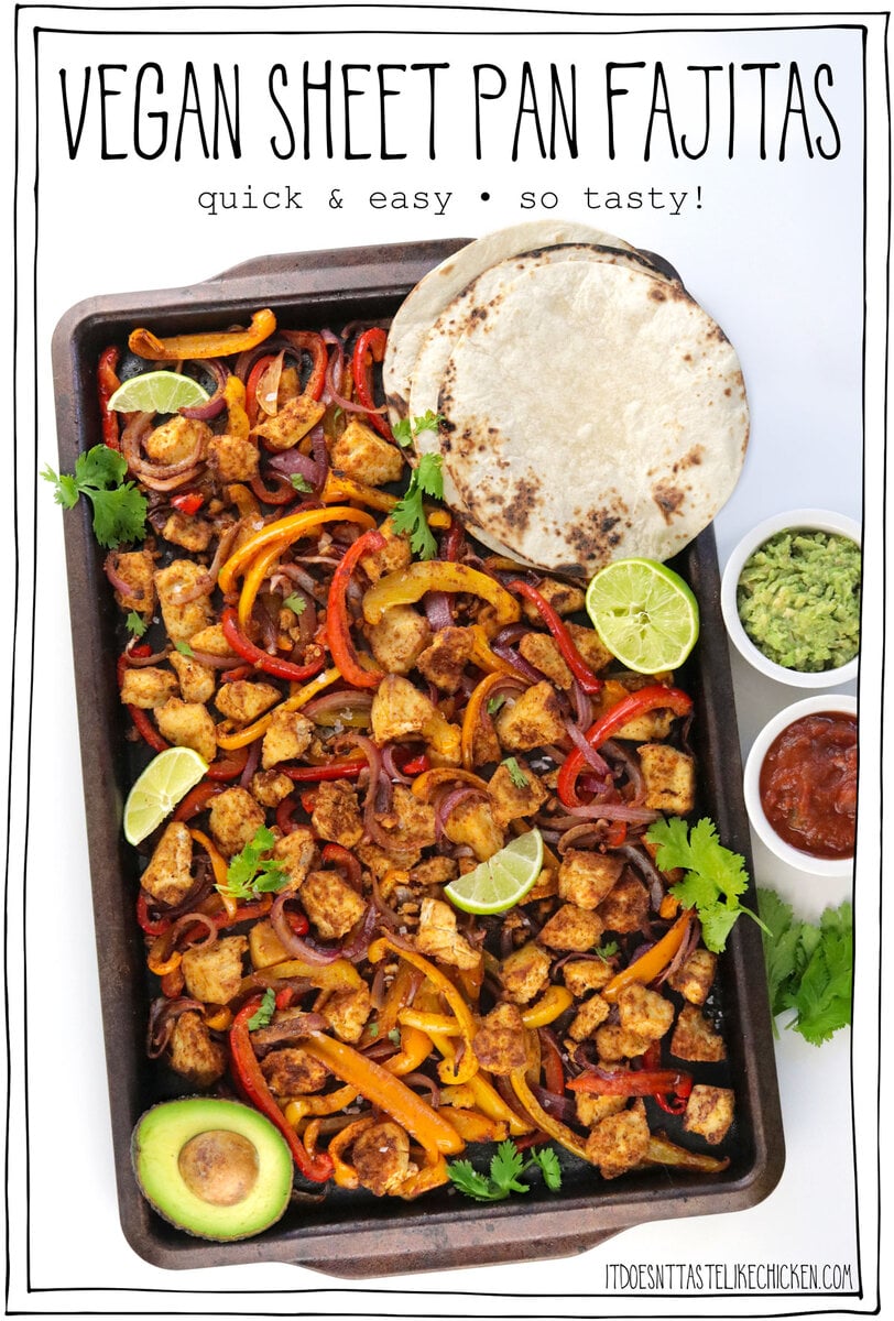 If you are looking for a super easy, delicious, veggie-packed dinner, Vegan Sheet Pan Fajitas are for you! Just 15 minutes of prep then pop the sheet pan in the oven to roast. Serve the flavor-packed tofu and veggies with warm tortillas and your favorite toppings. The perfect crowd-pleasing easy weeknight dinner, you'll want to add this to your weekly rotation! 