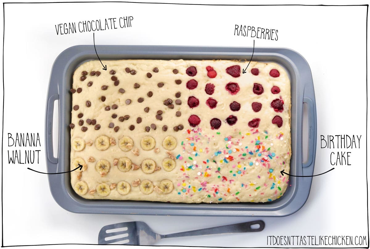 Easy Vegan Sheet Pan Pancakes! Just whip up the 8 ingredient batter made using pantry staples you likely already have on hand, spread onto a baking sheet, decorate with any toppings you like, and bake for 15 minutes. That's it! It's so simple and makes pancakes that are perfectly cooked, hot all at the same time, SUPER FLUFFY, and with endless flavour combos. #itdoesnttastelikechicken #veganrecipes #easyvegan