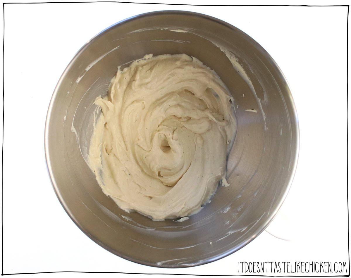 Mix the vegan cream cheese, vegan yogurt, and seasonings.