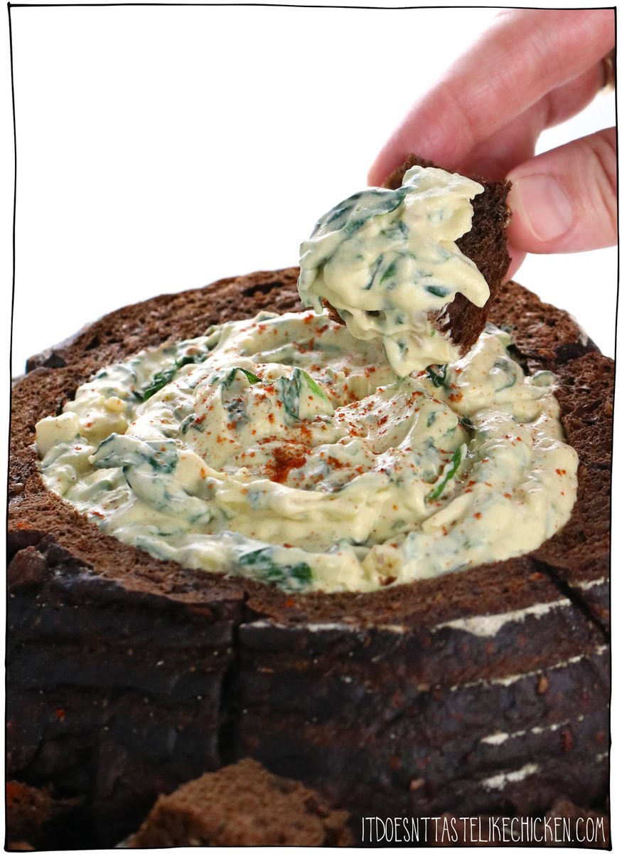 This Easy Vegan Spinach Dip is a classic crowd-pleaser, perfect for any gathering. It tastes just like the original but is entirely plant-based and gluten-free (no one will know it's vegan)! A delicious make-ahead party appetizer, it’ll have everyone coming back for more. Serve it in a pumpernickel or sourdough bread bowl, or in your favorite serving dish with bread, crackers, or veggies for dipping.