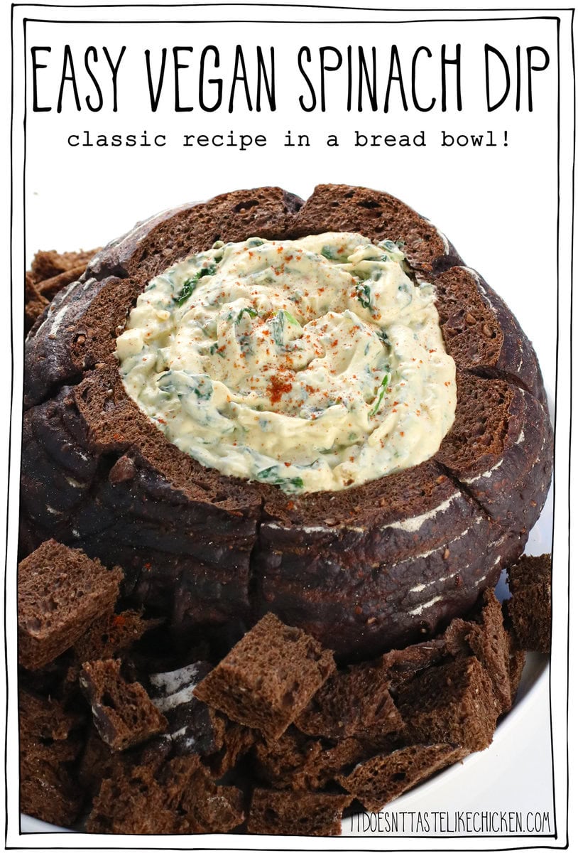 This Easy Vegan Spinach Dip is a classic crowd-pleaser, perfect for any gathering. It tastes just like the original but is entirely plant-based and gluten-free (no one will know it's vegan)! A delicious make-ahead party appetizer, it’ll have everyone coming back for more. Serve it in a pumpernickel or sourdough bread bowl, or in your favorite serving dish with bread, crackers, or veggies for dipping.