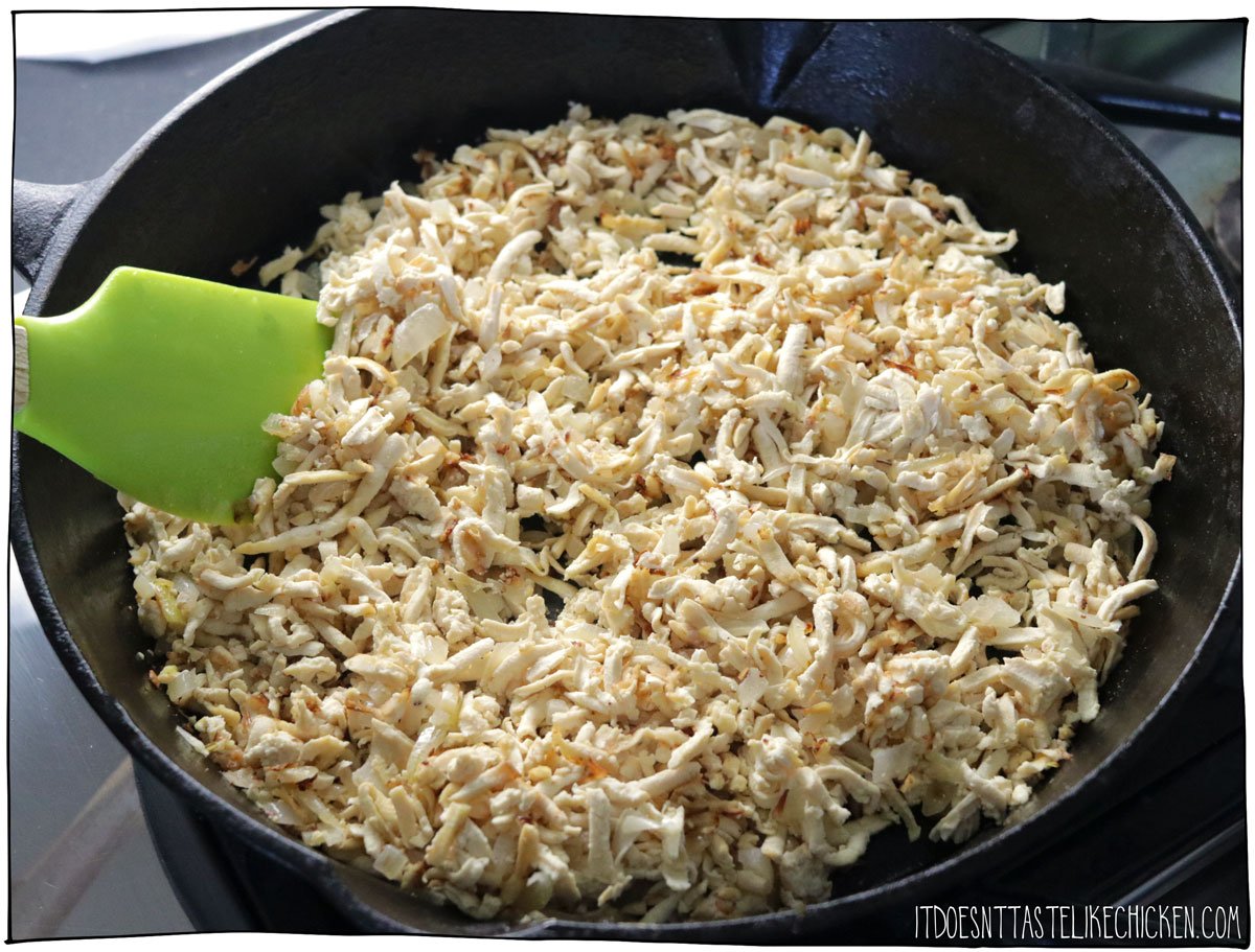 Sauté onions and garlic. Then add the tofu and cook until it begins to brown.