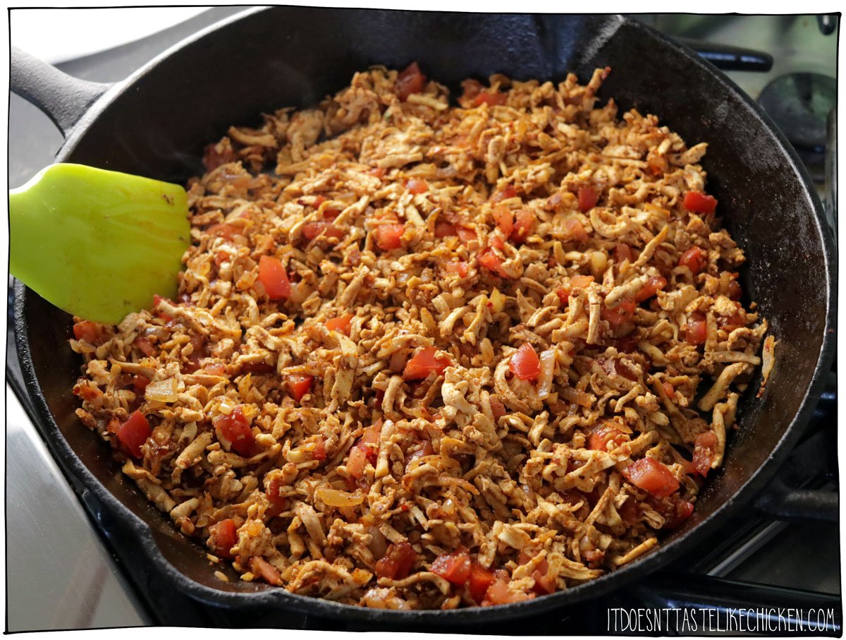Mix in the tomato, soy sauce, and spices. Serve hot in taco shells with your favorite toppings.
