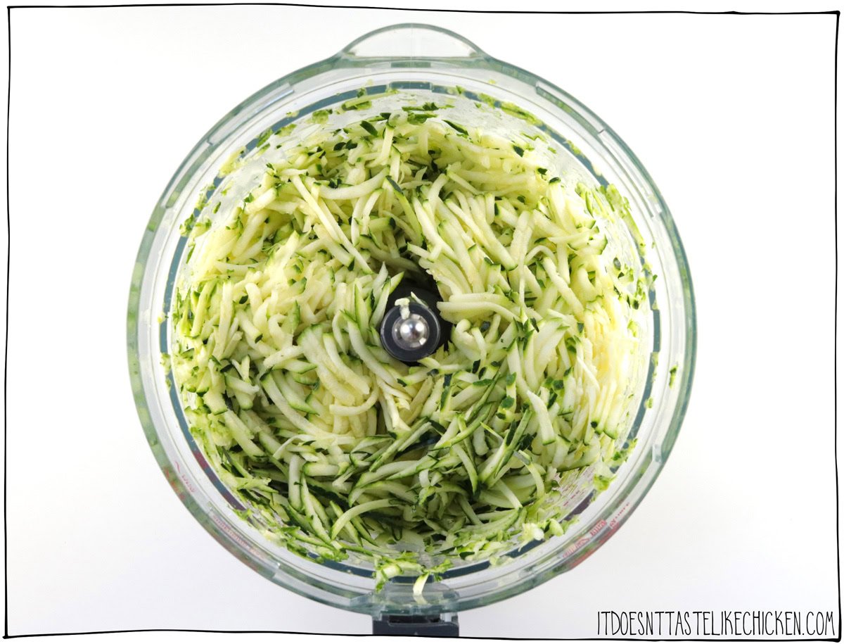 Wash the zucchinis and trim off the ends. Use the large hole side of a cheese grater, or the grater attachment on your food processor, to grate the zucchini. Transfer to a large bowl (or keep it in the food processor bowl) and toss with 1 teaspoon of salt. Set aside for 10 minutes to allow the moisture to be drawn out. 