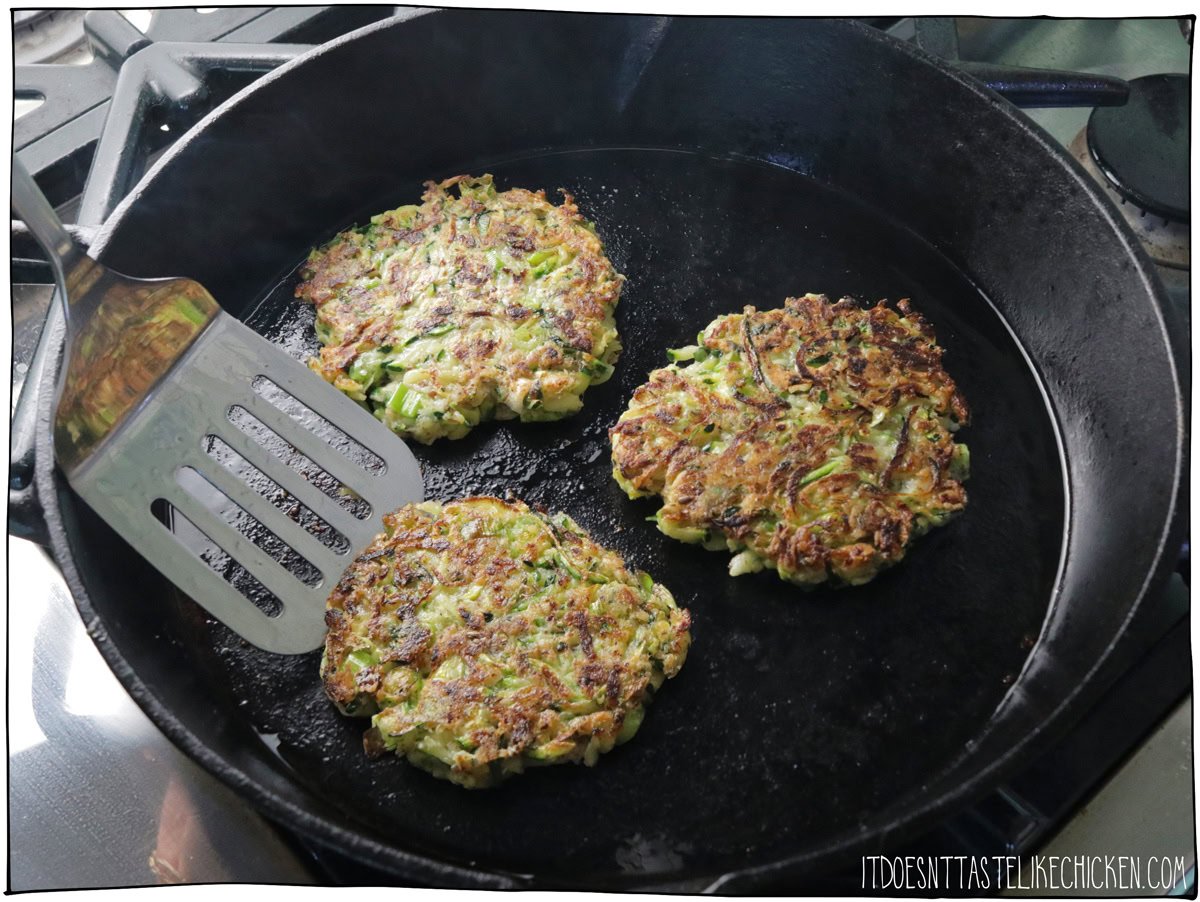 Add 1-2 tablespoons of oil to a large skillet or non-stick pan over medium heat. For large patties, take about ⅓ cup of the zucchini mixture; for small patties, take about 2 tablespoons.