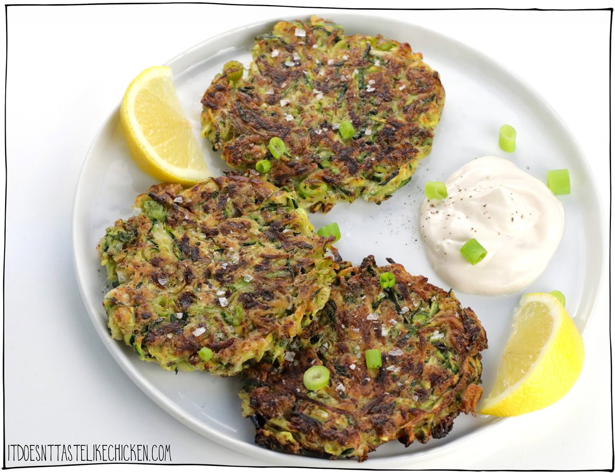 This Easy Vegan Zucchini Fritters recipe is the perfect crispy texture on the outside, tender on the inside, and is a super-fun way to prepare in-season zucchini this summer. Pan fry them, bake them, or pop them in the air fryer, and you’ll have a scrumptious dish that is one of the best zucchini recipes you'll taste and one that even the fussiest eaters will love.