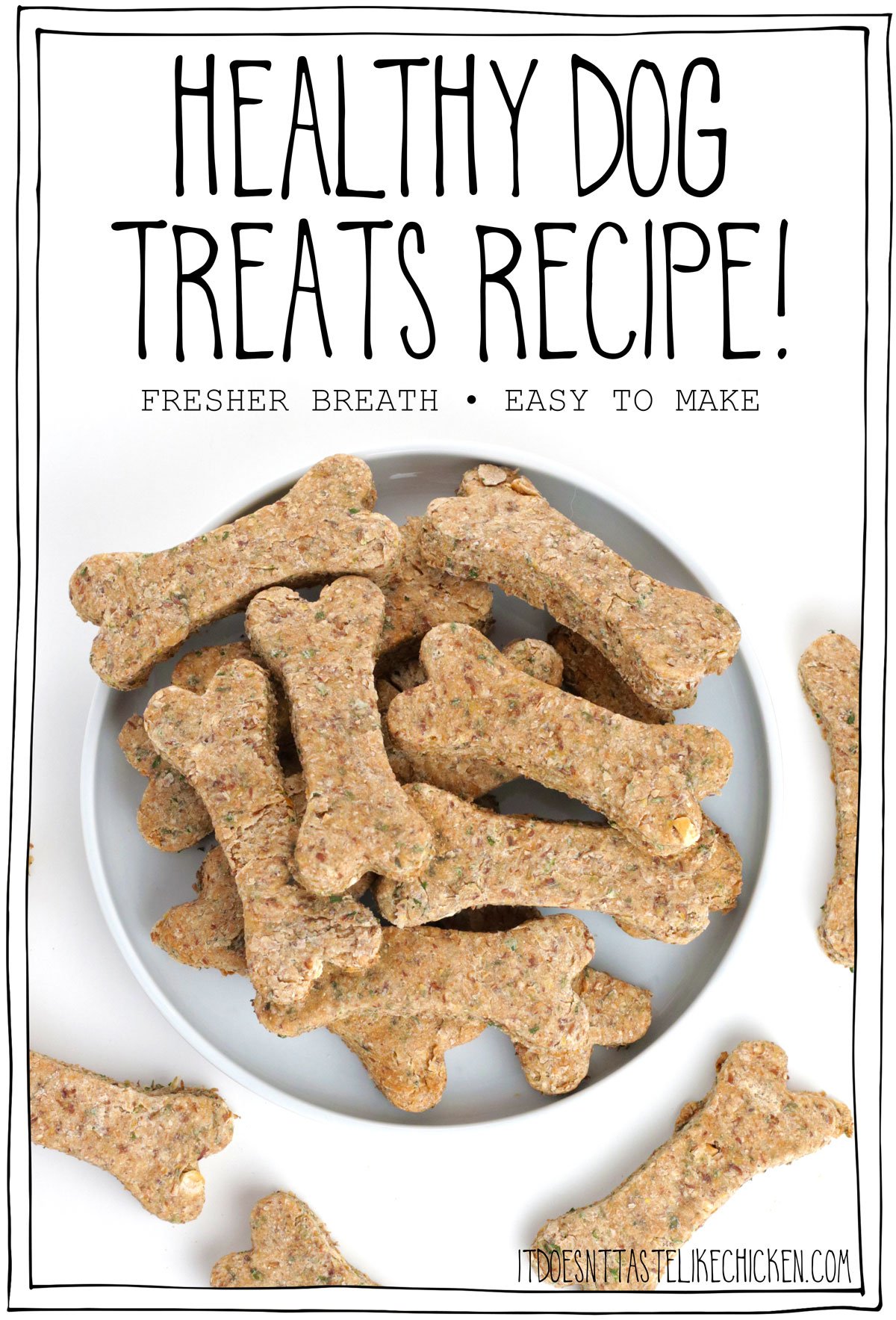 These healthy dog treats are easy to make and full of ingredients that are good for your dog. These treats help freshen breath, improve skin and coat health, and are packed with fiber, and nutrients your dog needs. Best yet, dogs love them!! #itdoesnttastelikechicken #dogrecipe #dogtreats #dog