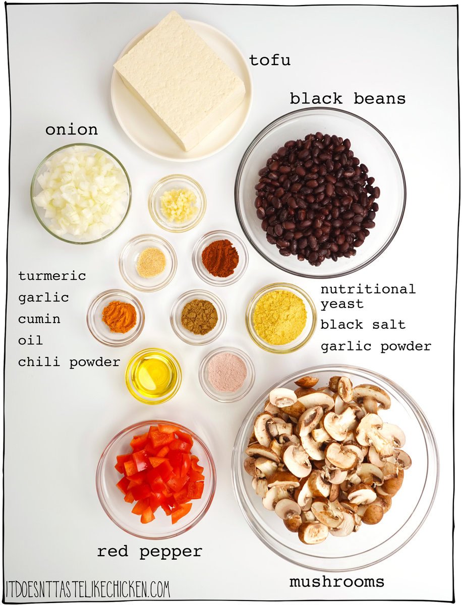 Ingredients in my hearty tofu scramble recipe- the best vegan breakfast.
