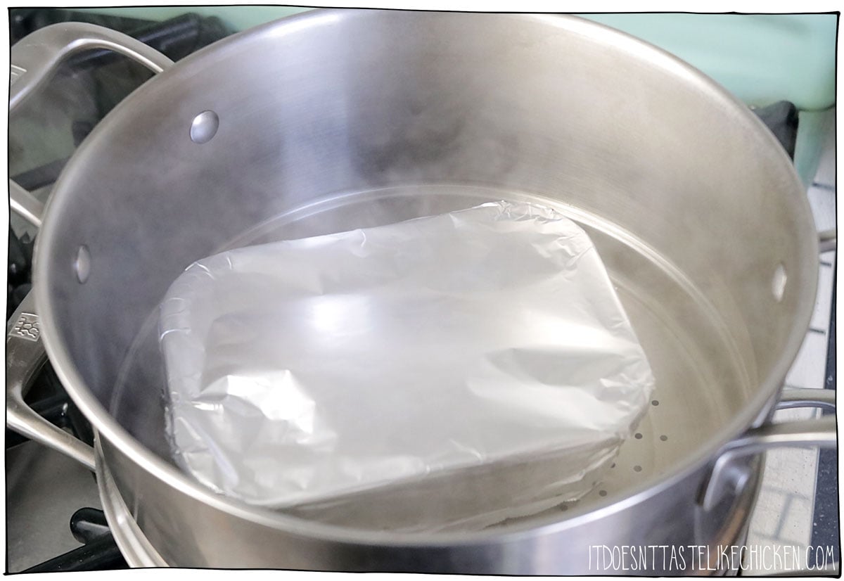 Cover with aluminum foil, Add several inches of water to a large pot with a steamer basket and bring to a boil. Once boiling, place the dish inside and cover the pot with a lid.