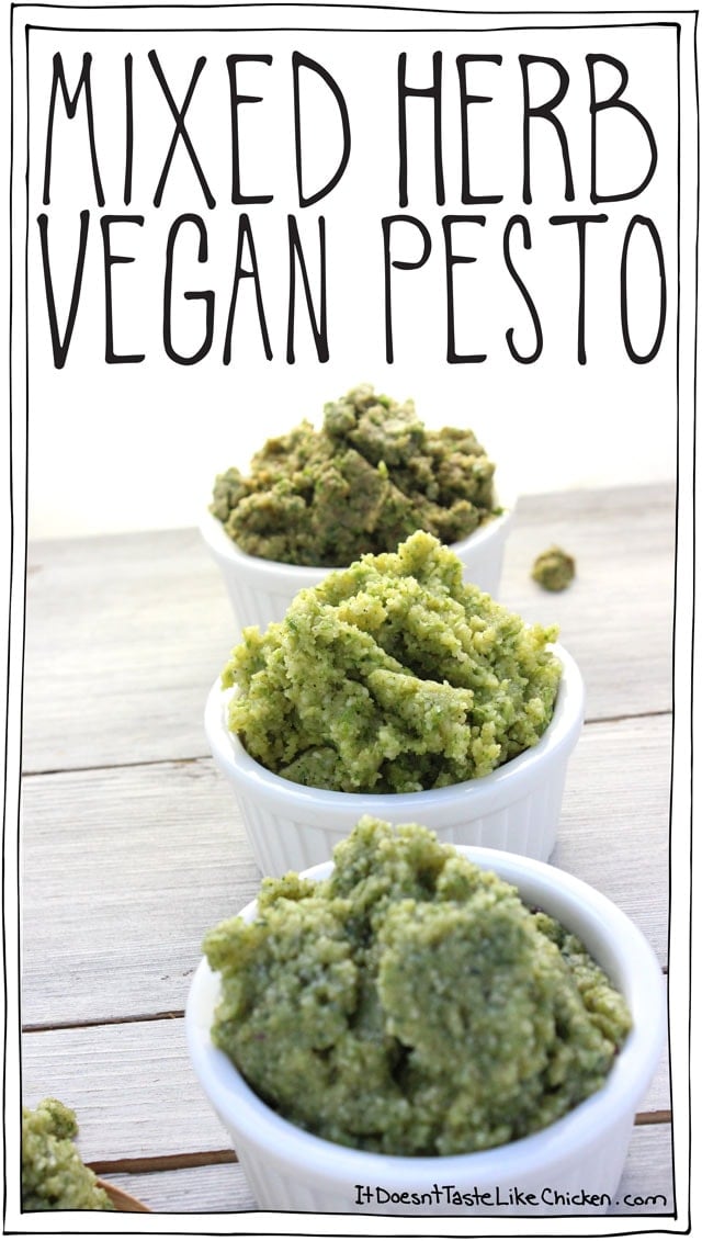 Mixed Herb Vegan Pesto! A DIY recipe using the herbs that you have. A great way to use up leftover herbs or herbs from your garden. Freezes perfectly. #itdoesnttastelikechicken
