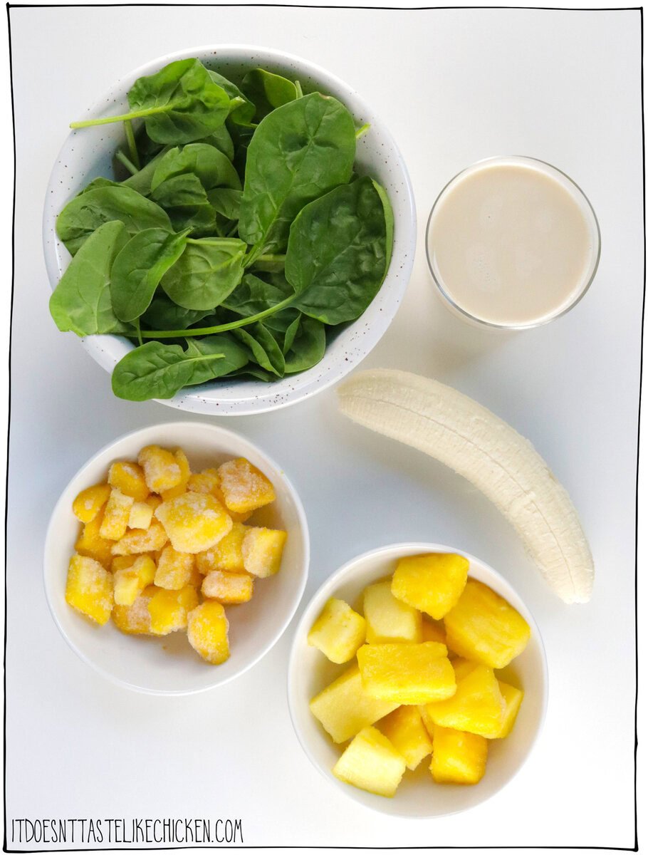 This green smoothie consists of baby spinach (or kale), banana, plant-based milk, pineapple chunks and mango chunks.