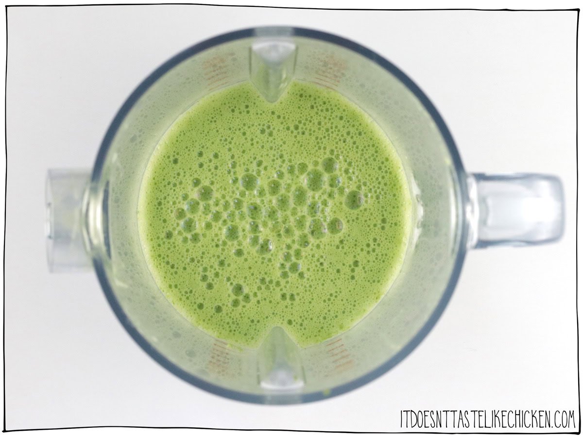 Add the spinach or baby kale and plant-based milk to your blender. Blend until completely smooth.