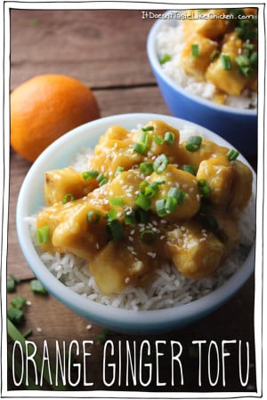 Orange Ginger Tofu. Sweet, sticky, ginger and orangey, kid-friendly. A healthier alternative to Chinese Orange Chicken. Vegan, gluten free, vegetarian.