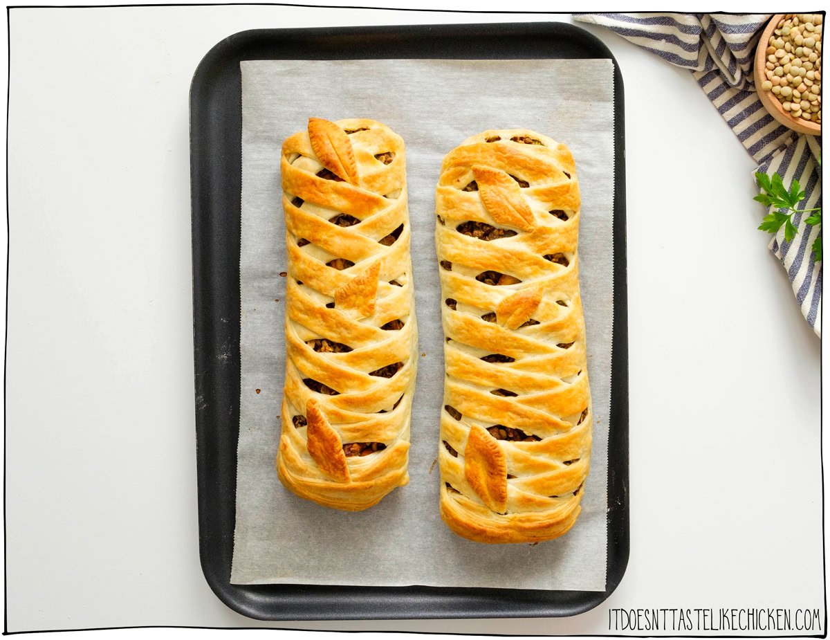 Bake the vegan wellington until golden brown and flaky.
