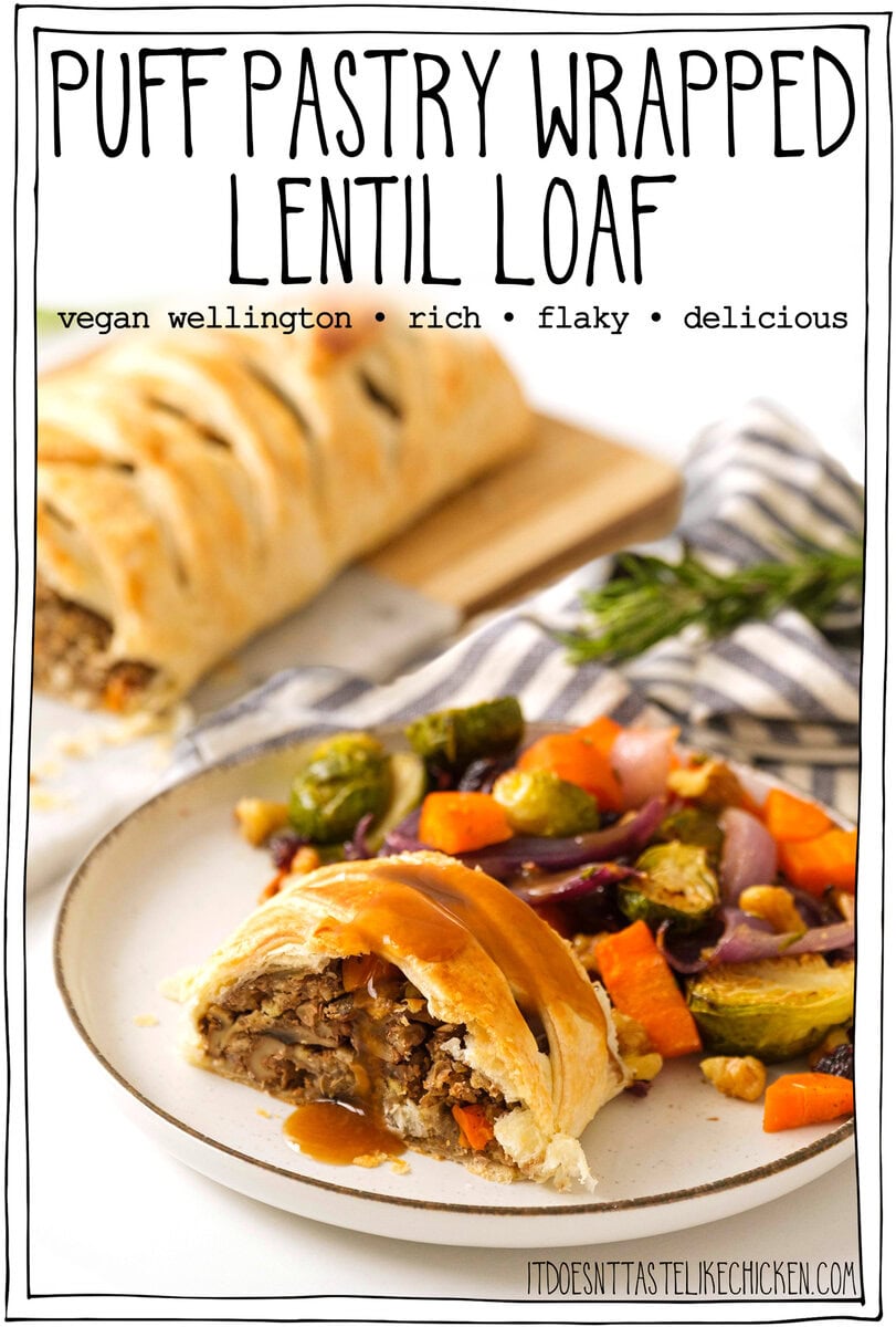 This Puff Pastry Wrapped Lentil Loaf is the ultimate vegan wellington recipe – a rich, delicious filling wrapped in flaky, buttery pastry. It’s a stunning centerpiece, perfect for holiday gatherings like Thanksgiving and Christmas. With mushroom-free, nut-free, and gluten-free options, this loaf is sure to impress even the non-vegans at the table!