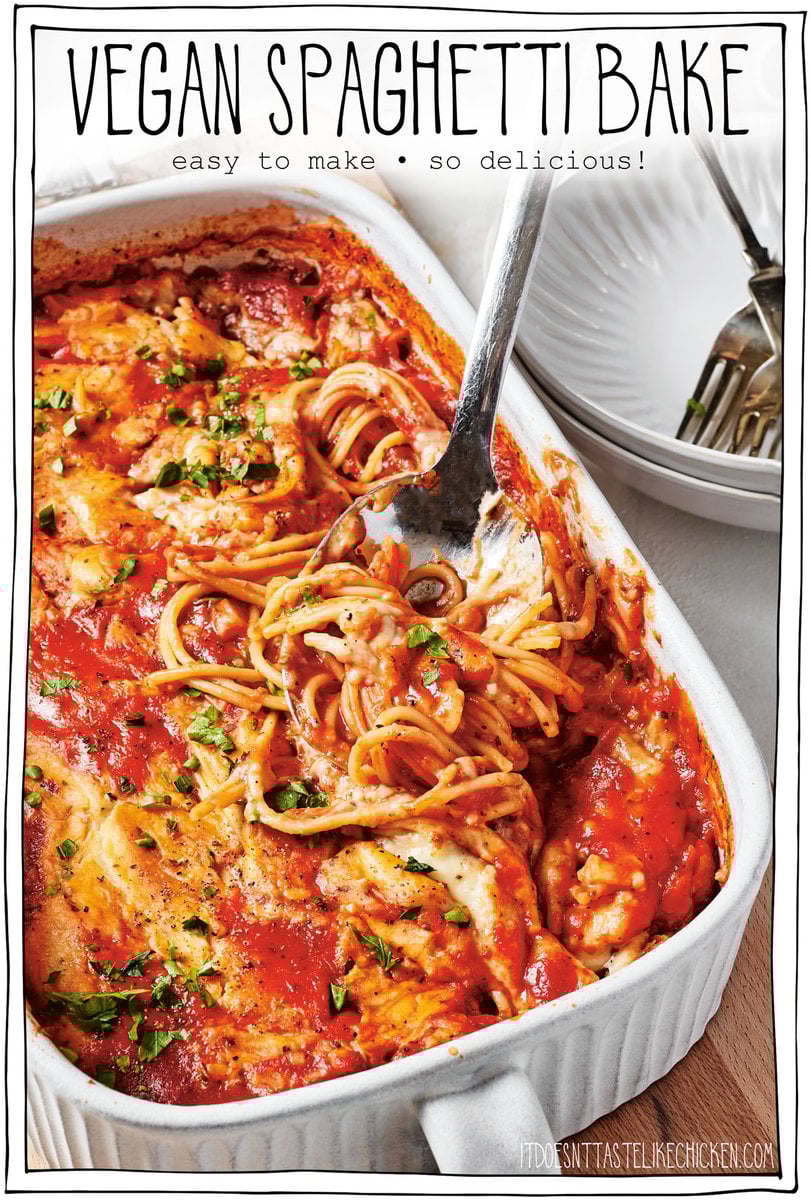 You are going to love this Saucy Vegan Spaghetti Bake! It's easy to make and takes just 10 minutes of prep time! Uncooked spaghetti is added to a baking dish along with water, tomato sauce, and seasonings, and then it’s baked. Yes, you read that right: the spaghetti bakes in the oven! (How cool is that?) Topped with a 5 minute homemade vegan alfredo sauce, this easy recipe will become a new weeknight staple!